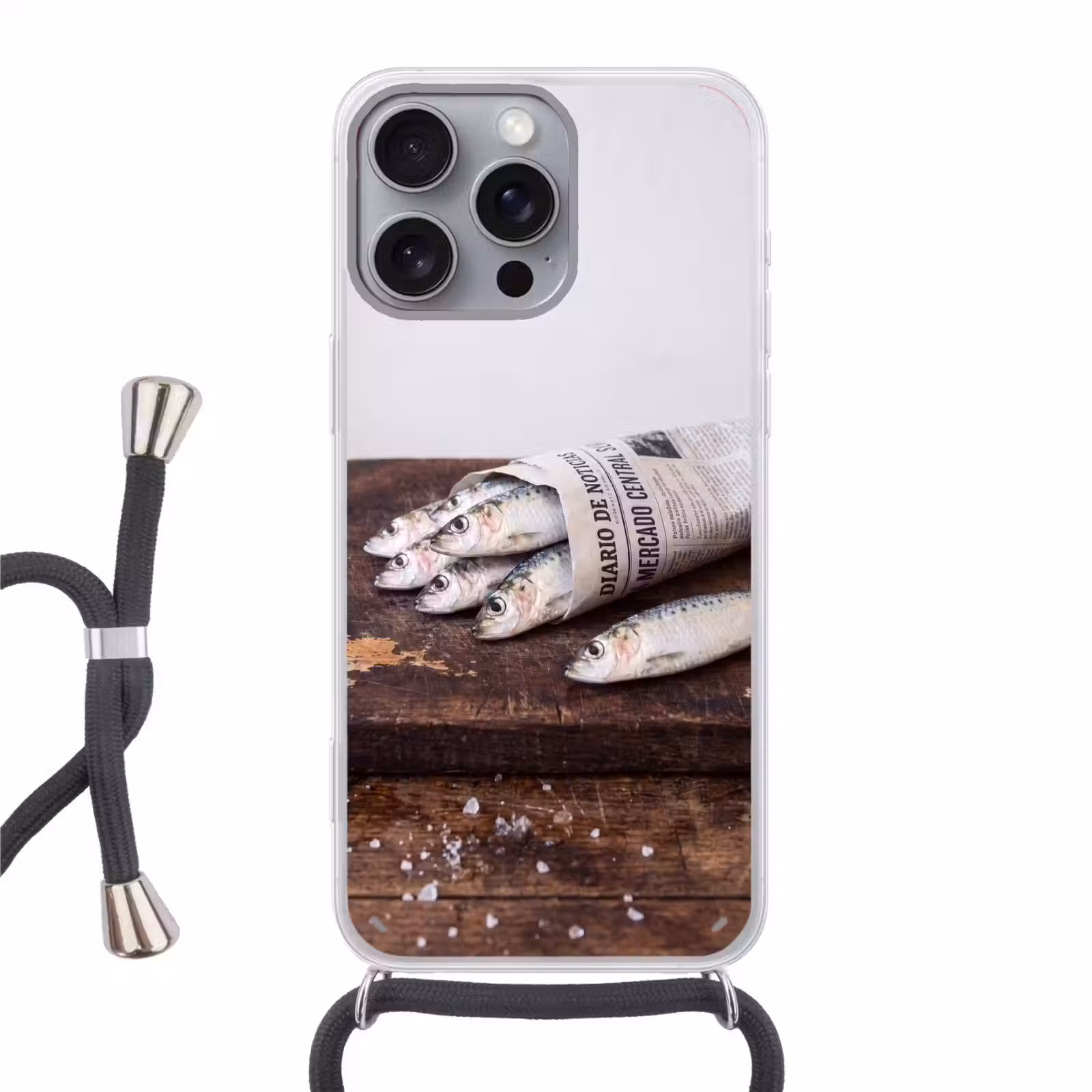 Telefoonhoesje met koord - Sardientje - krant - snijplank - Sardientje - krant - snijplank Hoesje iPhone 16 Pro Max met koord klein