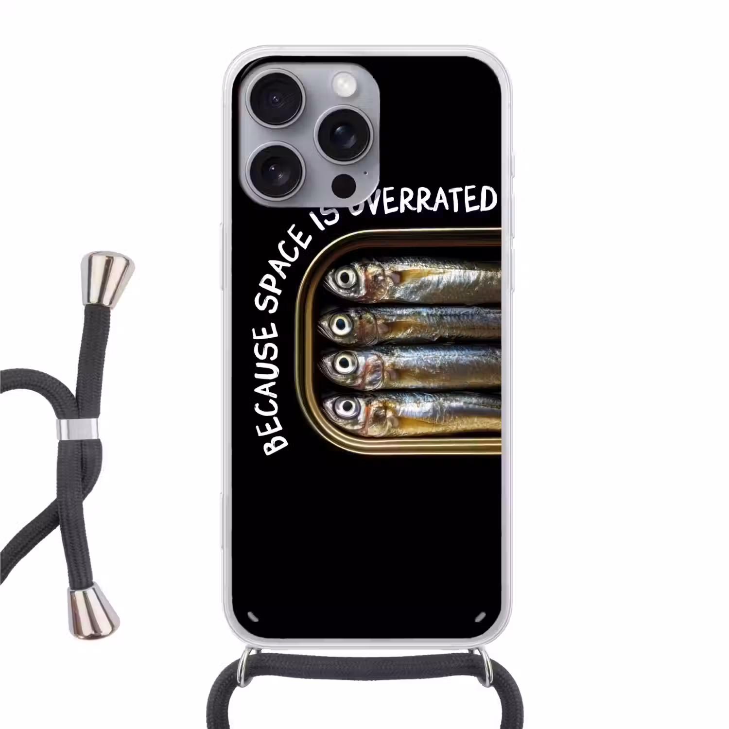 Sardines - Tekst - Vis - Blik Hoesje iPhone 16 Pro Max met koord klein -3d