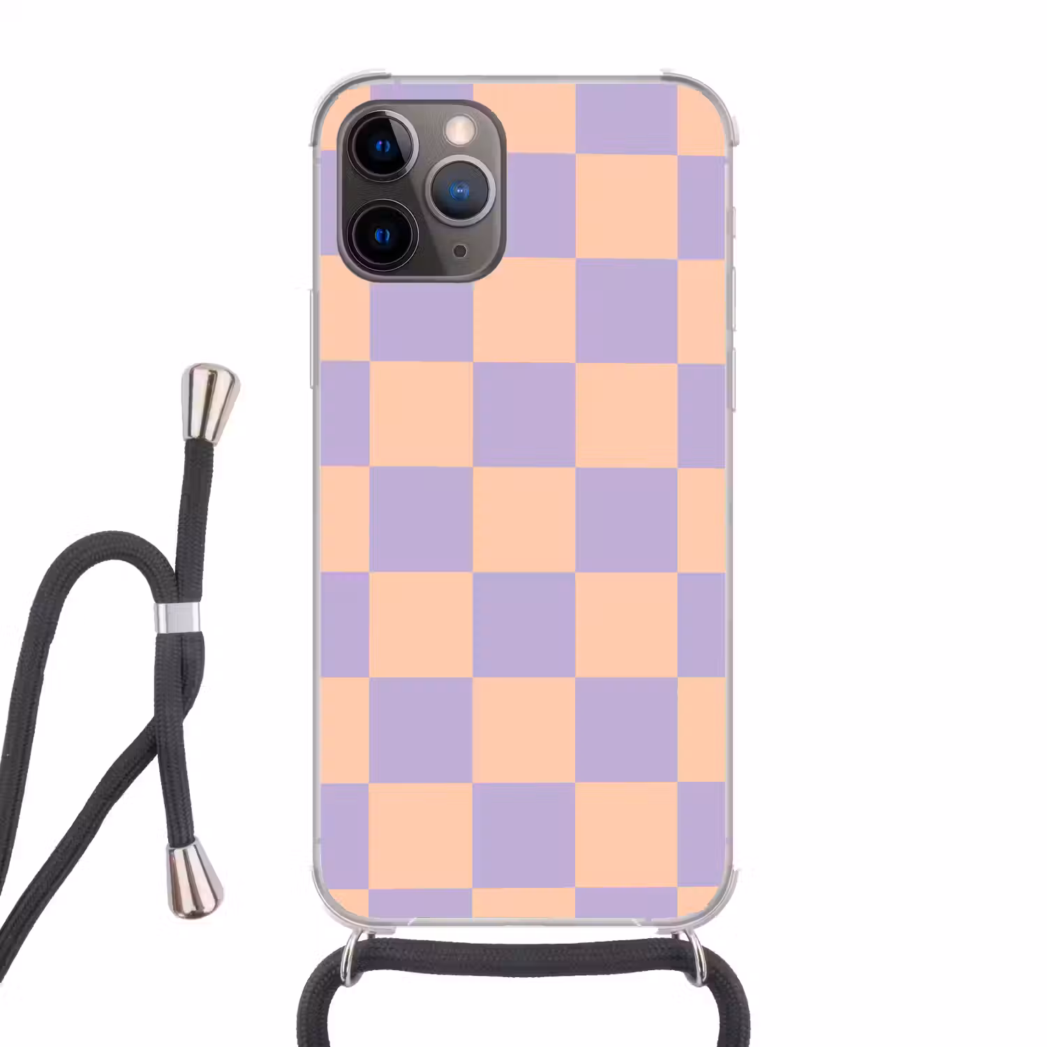 Schaakbord patroon - Paars - Roze - Blokjes Hoesje iPhone 12 Pro met koord klein -3d