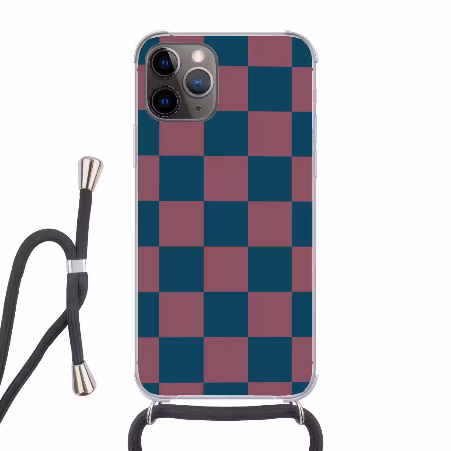 Schaakbord print - Blauw - Rood - Blokjes Hoesje iPhone 12 Pro met koord klein -3d