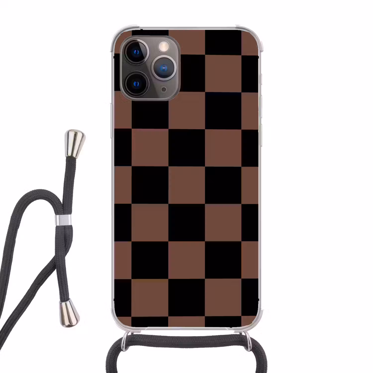 Schaakbord print - Bruin - Zwart - Blokjes Hoesje iPhone 12 Pro met koord klein -3d