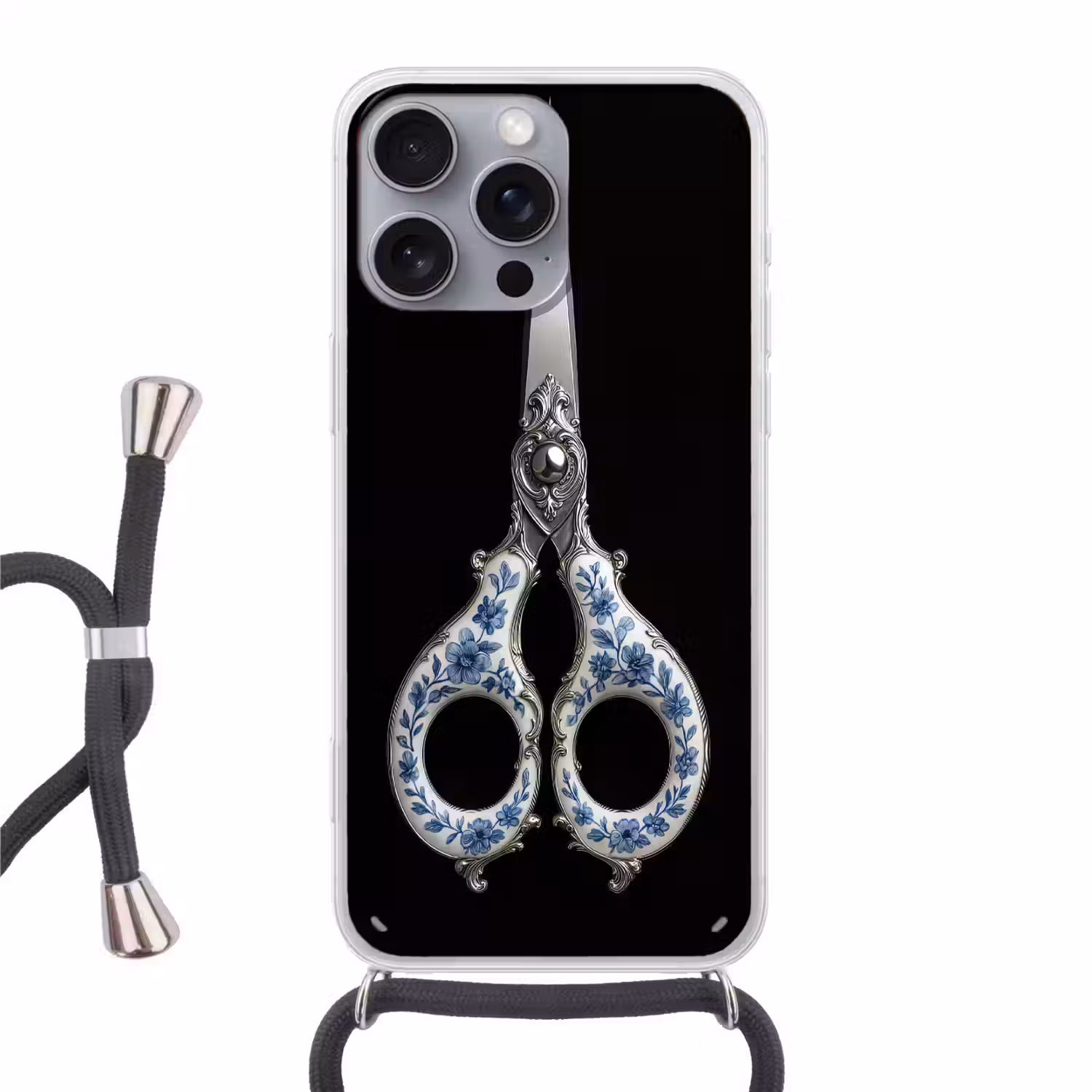 Schaar - Delfts blauw - Zwart Hoesje iPhone 16 Pro Max met koord klein -3d