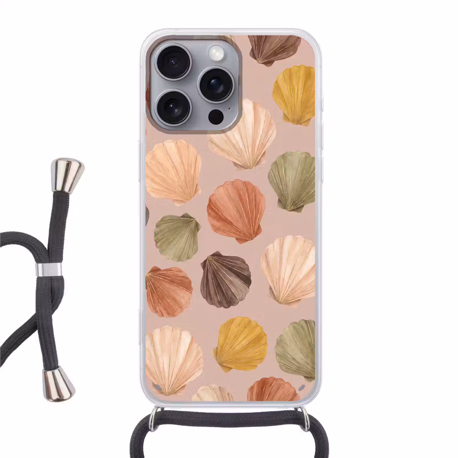 Schelp - Patroon - Zee - Aquarel - Aardetinten Hoesje iPhone 16 Pro Max met koord klein -3d