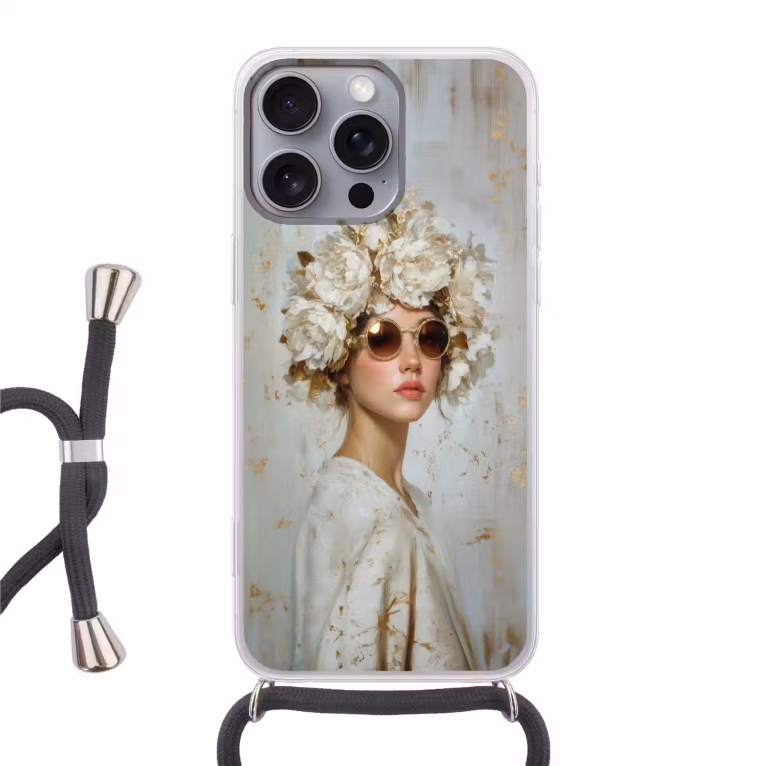 Schilderij - Vrouw - Zonnebril - Bloemenkrans Hoesje iPhone 16 Pro Max met koord klein -3d