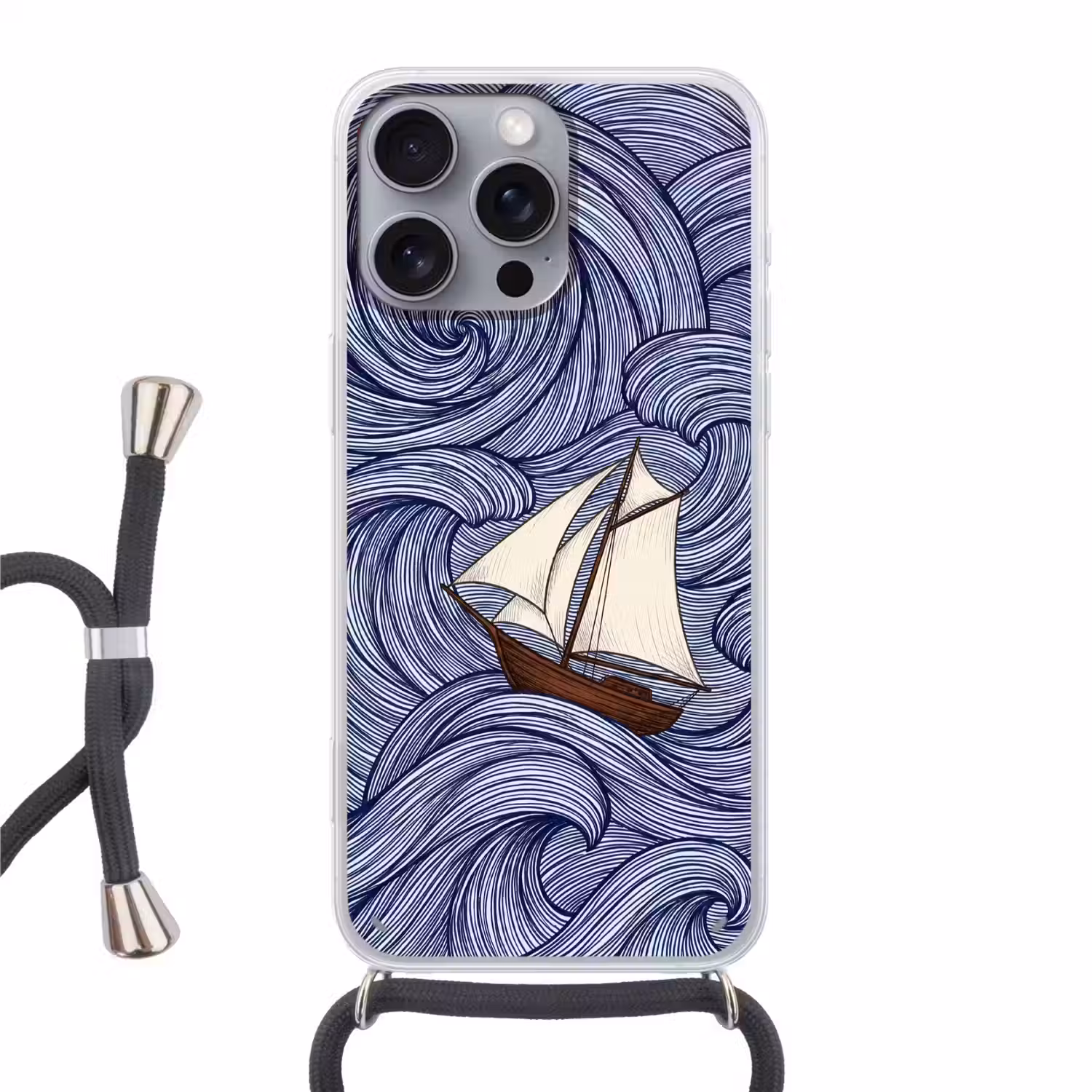 Schip - Golven - Zee - Illustratie - Blauw Hoesje iPhone 16 Pro Max met koord klein -3d