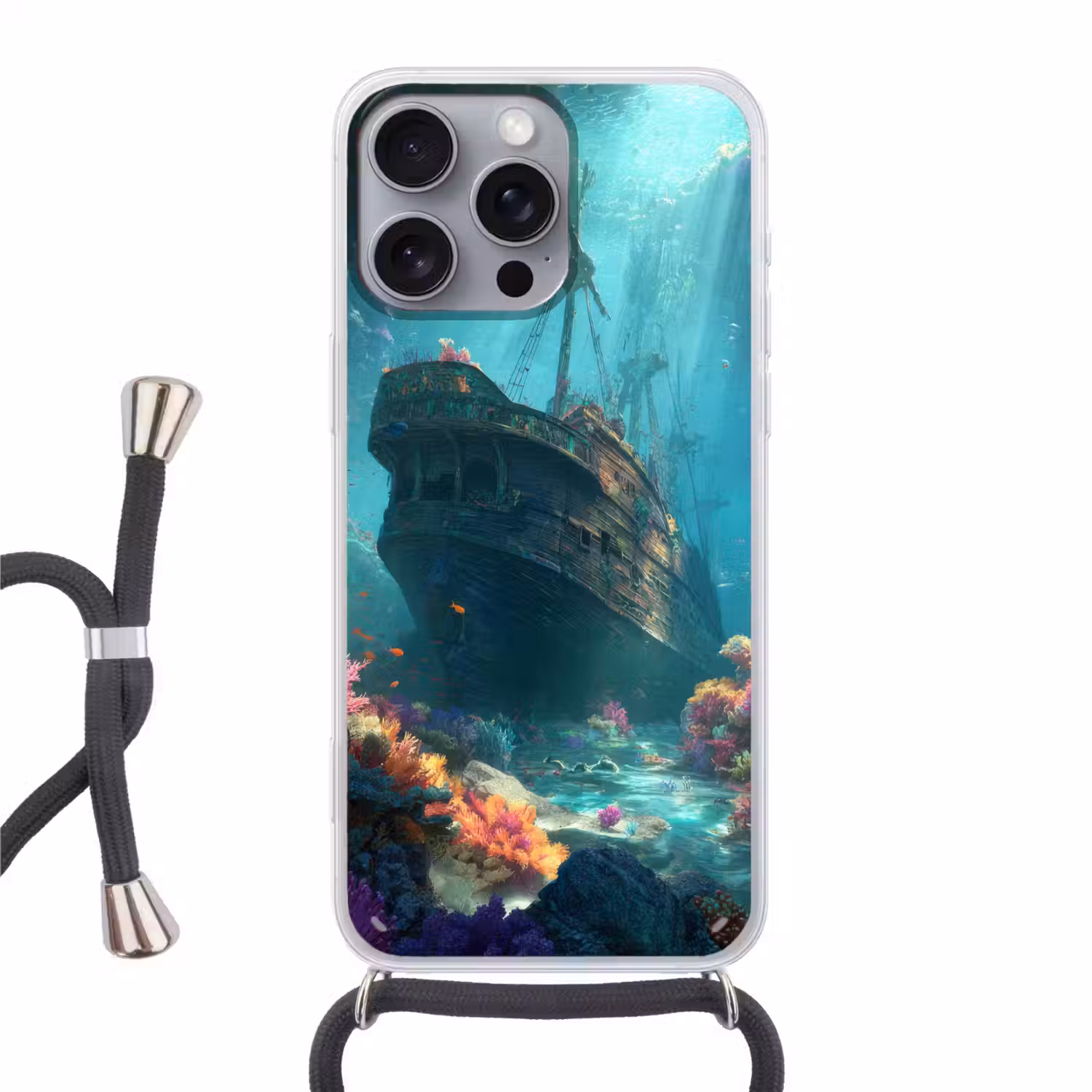 Schip - Hout - Koraalriffen - Zonlicht Hoesje iPhone 16 Pro Max met koord klein -3d