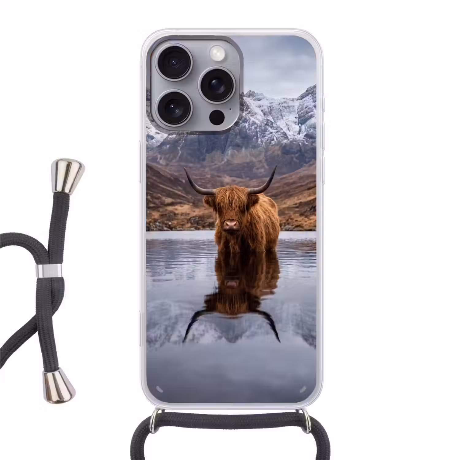Schotse hooglander - Bruin - Water Hoesje iPhone 16 Pro Max met koord klein -3d