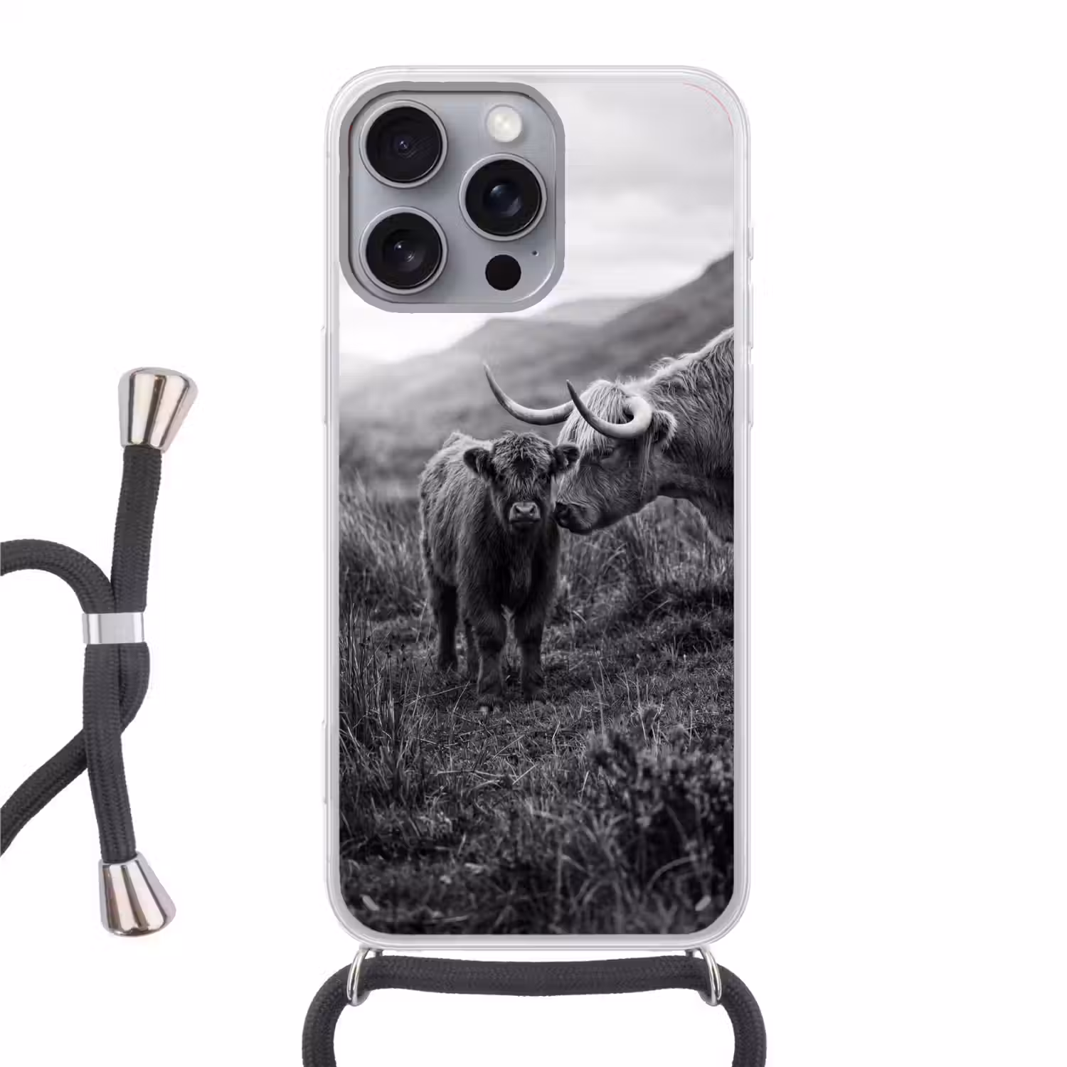 Schotse hooglander - Kalf - Zwart - Wit Hoesje iPhone 16 Pro Max met koord klein -3d
