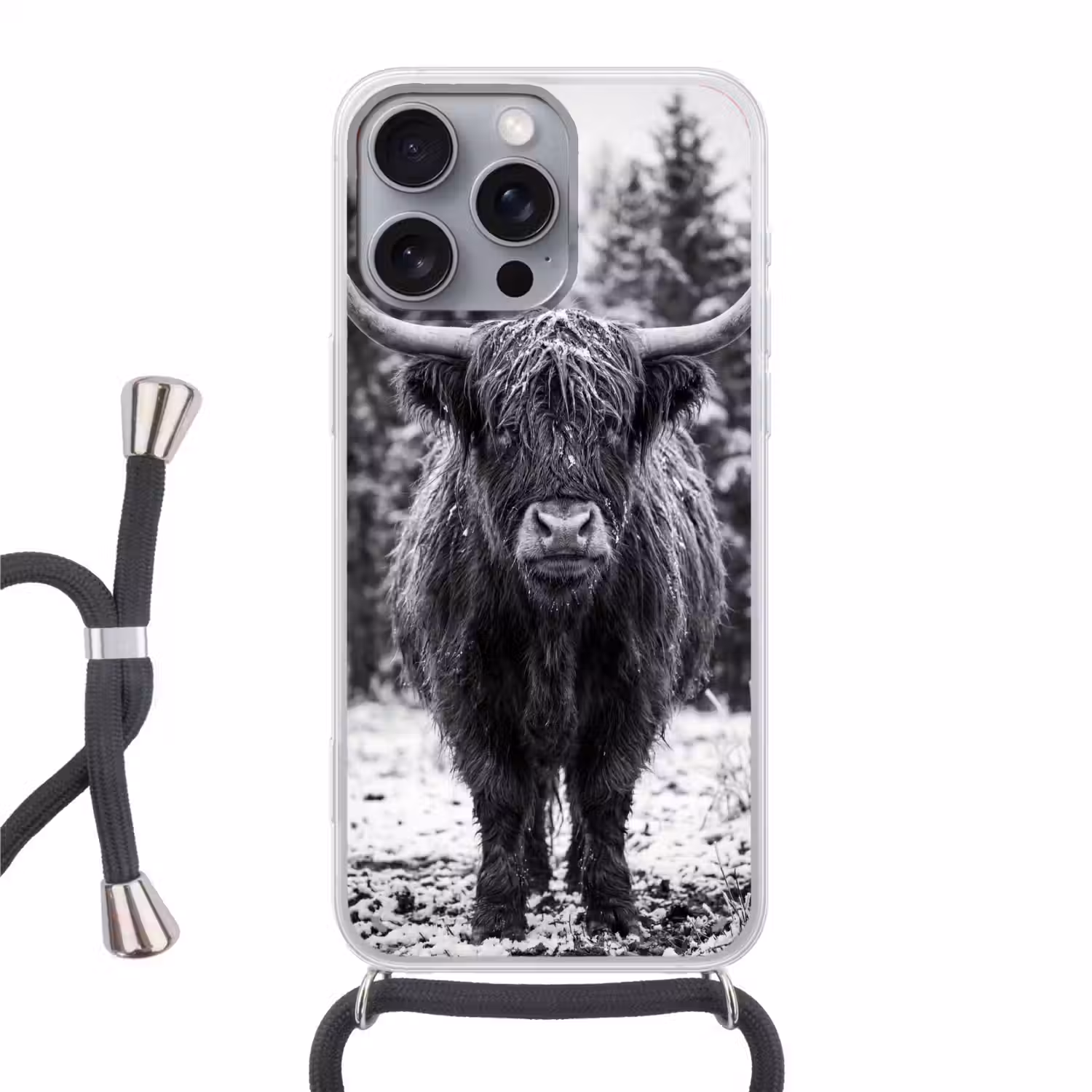 Schotse hooglander - Zwart - Wit - Sneeuwvlokken Hoesje iPhone 16 Pro Max met koord klein -3d