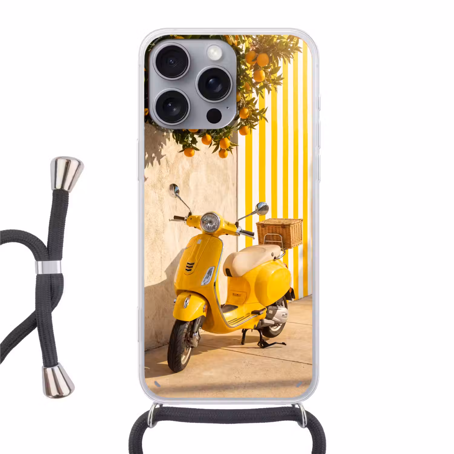 Scooter - Natuur - Zomer - Geel - Mediterraan Hoesje iPhone 16 Pro Max met koord klein -3d