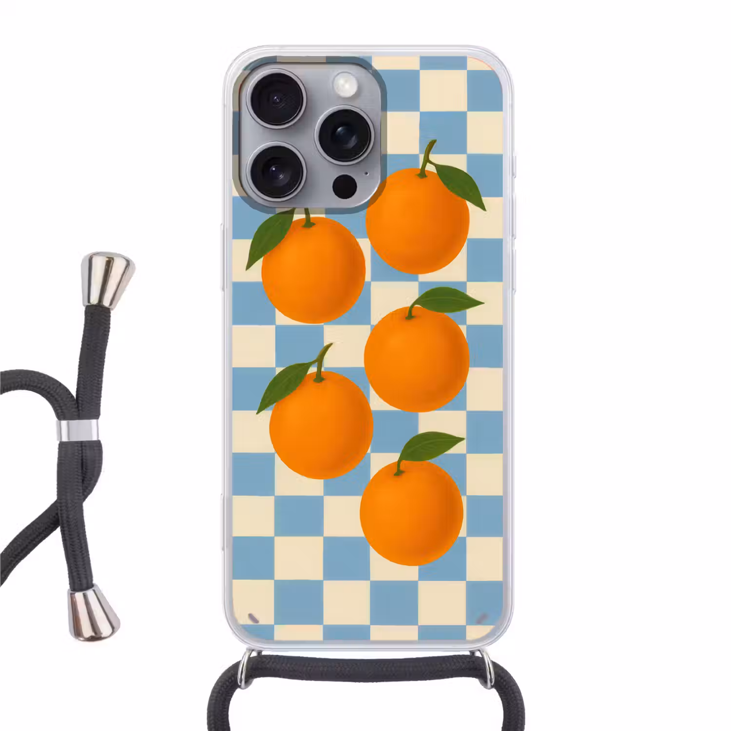 Sinaasappels - Blaadjes - Geblokt - Blauw Hoesje iPhone 16 Pro Max met koord klein -3d