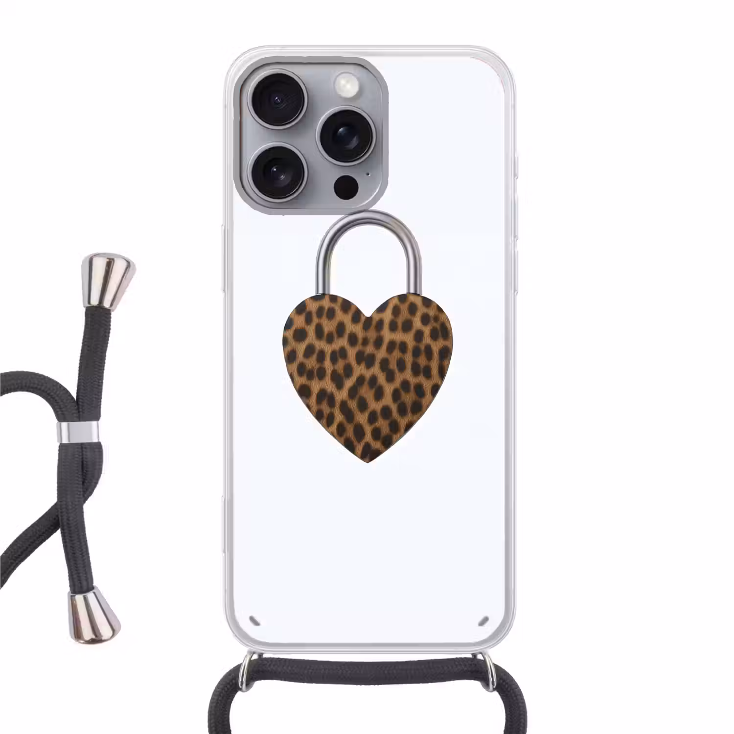 Slot - Hartvormig - Bruin - Panterprint Hoesje iPhone 16 Pro Max met koord klein -3d