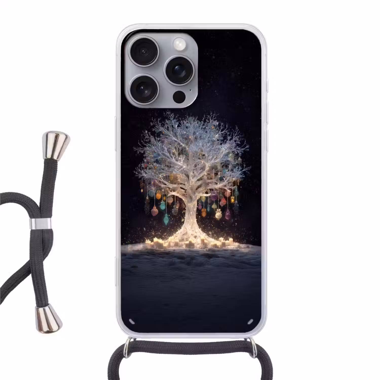 Sneeuwboom - Lichtjes - Wit - Kleurrijk Hoesje iPhone 16 Pro Max met koord klein -3d