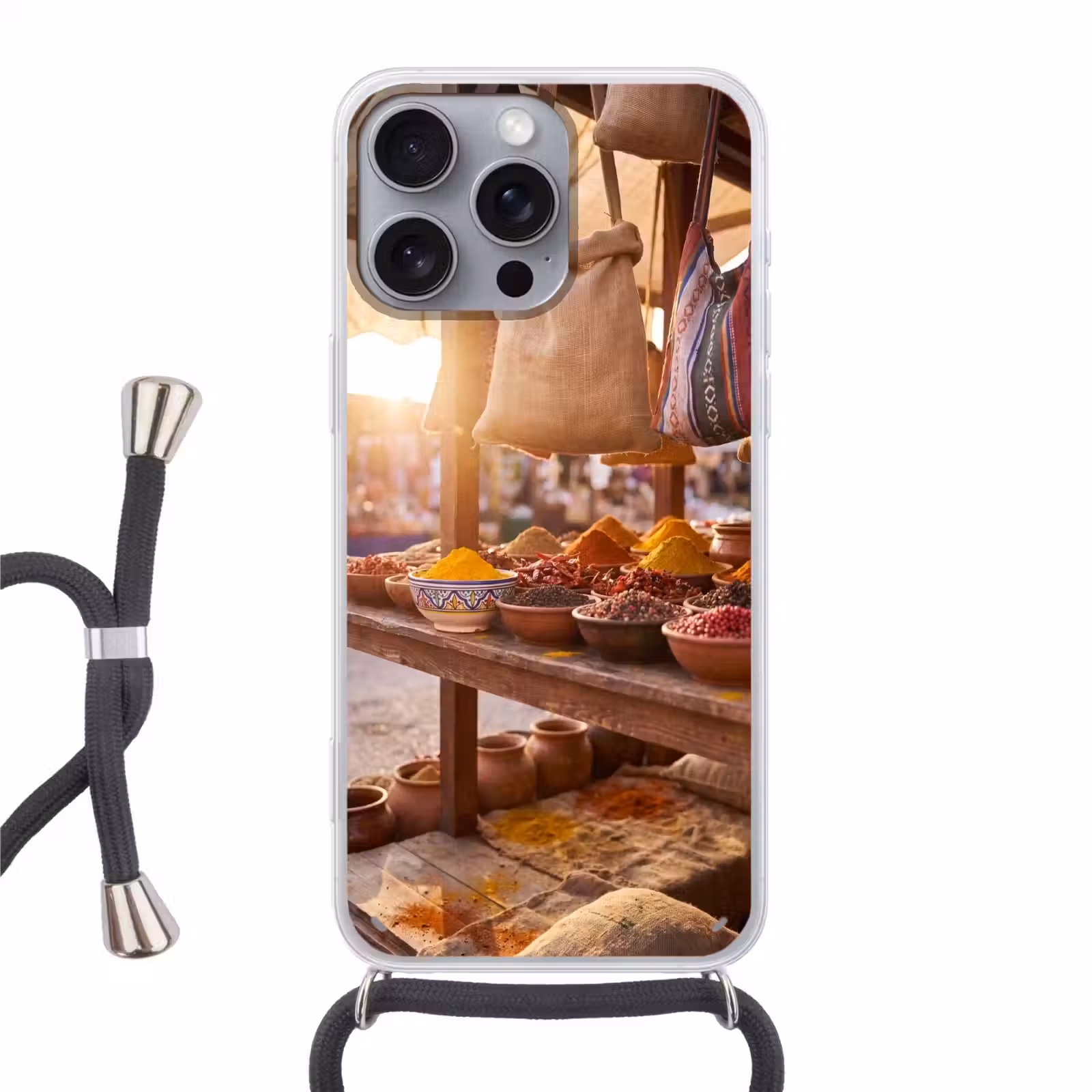 Telefoonhoesje met koord - Specerijen - Markt - Kleurrijk - Specerijen - Markt - Kleurrijk Hoesje iPhone 16 Pro Max met koord klein