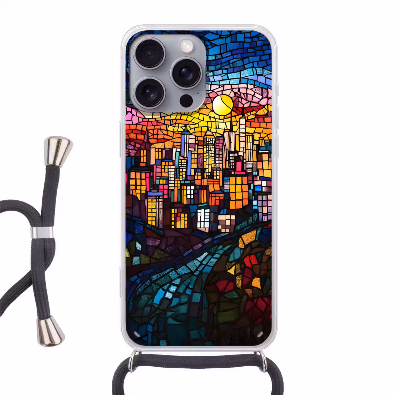 Stad - Maan - Mozaïek - Kleurrijk Hoesje iPhone 16 Pro Max met koord klein -3d