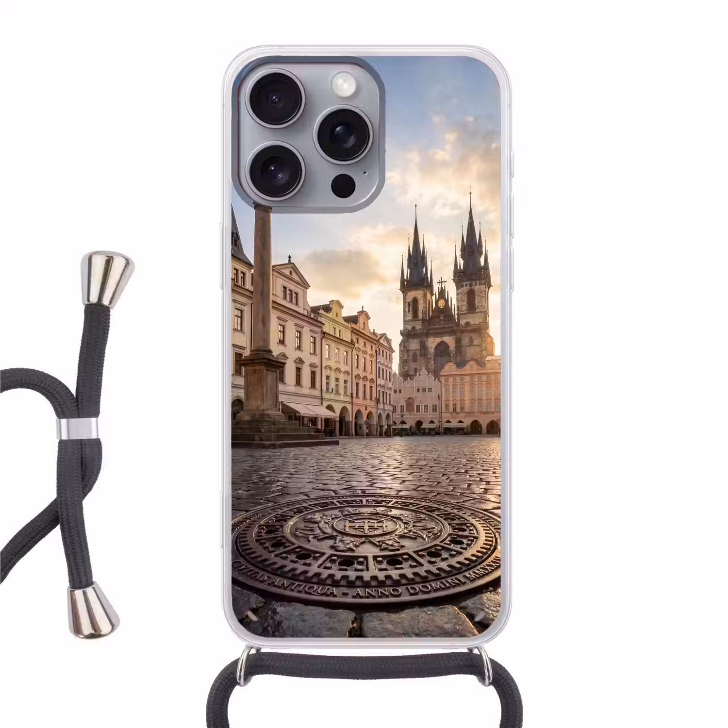 Stad - Praag - Ochtend - Architectuur - Goud Hoesje iPhone 16 Pro Max met koord klein -3d