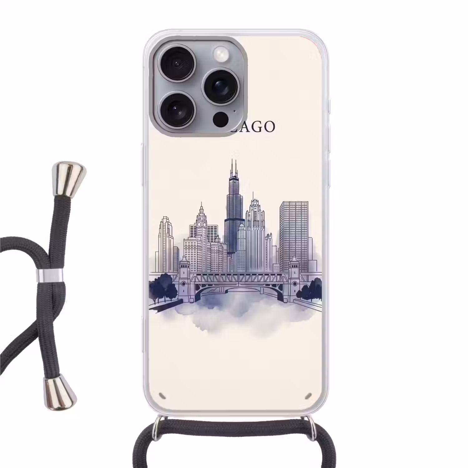 Stad - Skyline - Architectuur - Lijntekening - Blauw Hoesje iPhone 16 Pro Max met koord klein -3d