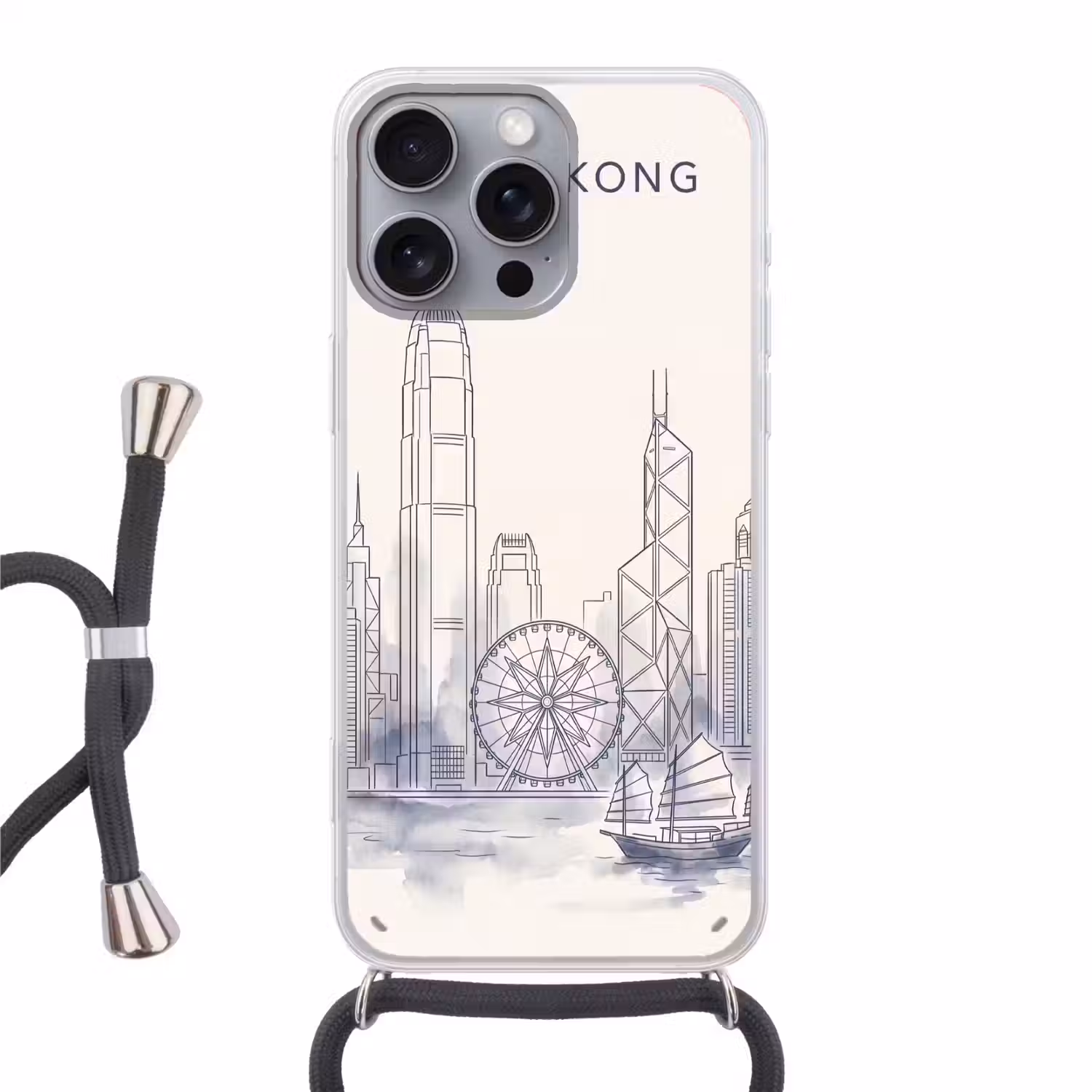 Stad - Skyline - Water - Lijntekening - Blauw Hoesje iPhone 16 Pro Max met koord klein -3d