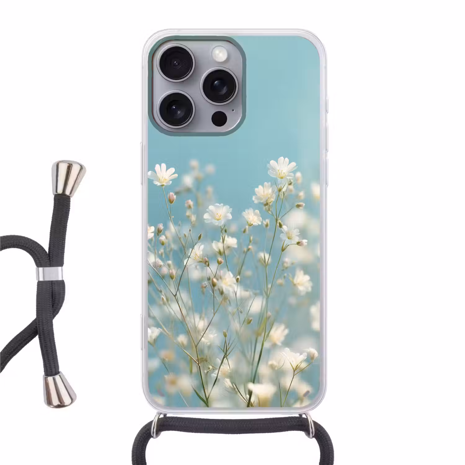 Stengels - Bloemen - Lucht - Wit Hoesje iPhone 16 Pro Max met koord klein -3d