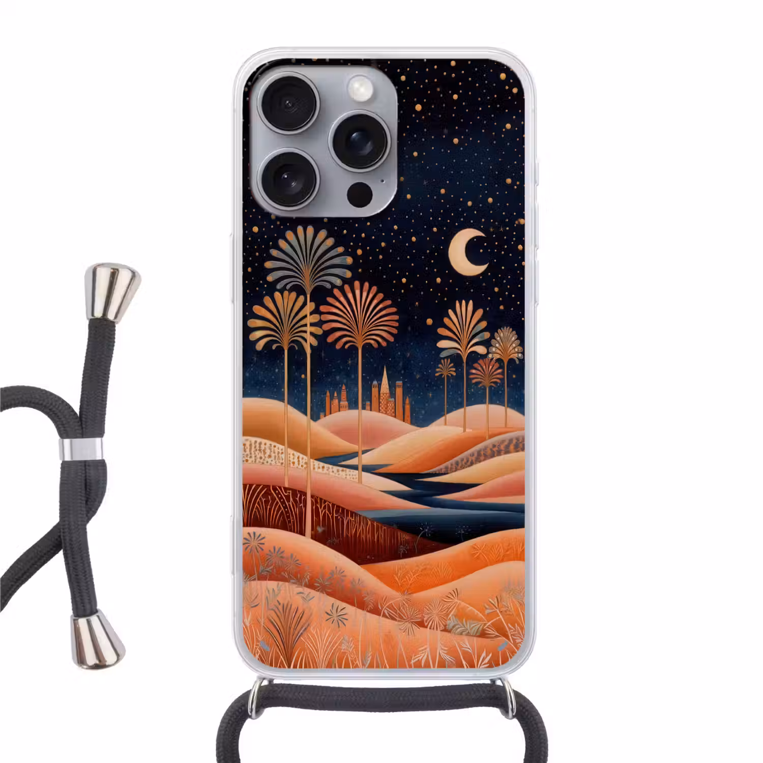 Sterrenhemel - Palmen - Rivier Hoesje iPhone 16 Pro Max met koord klein -3d
