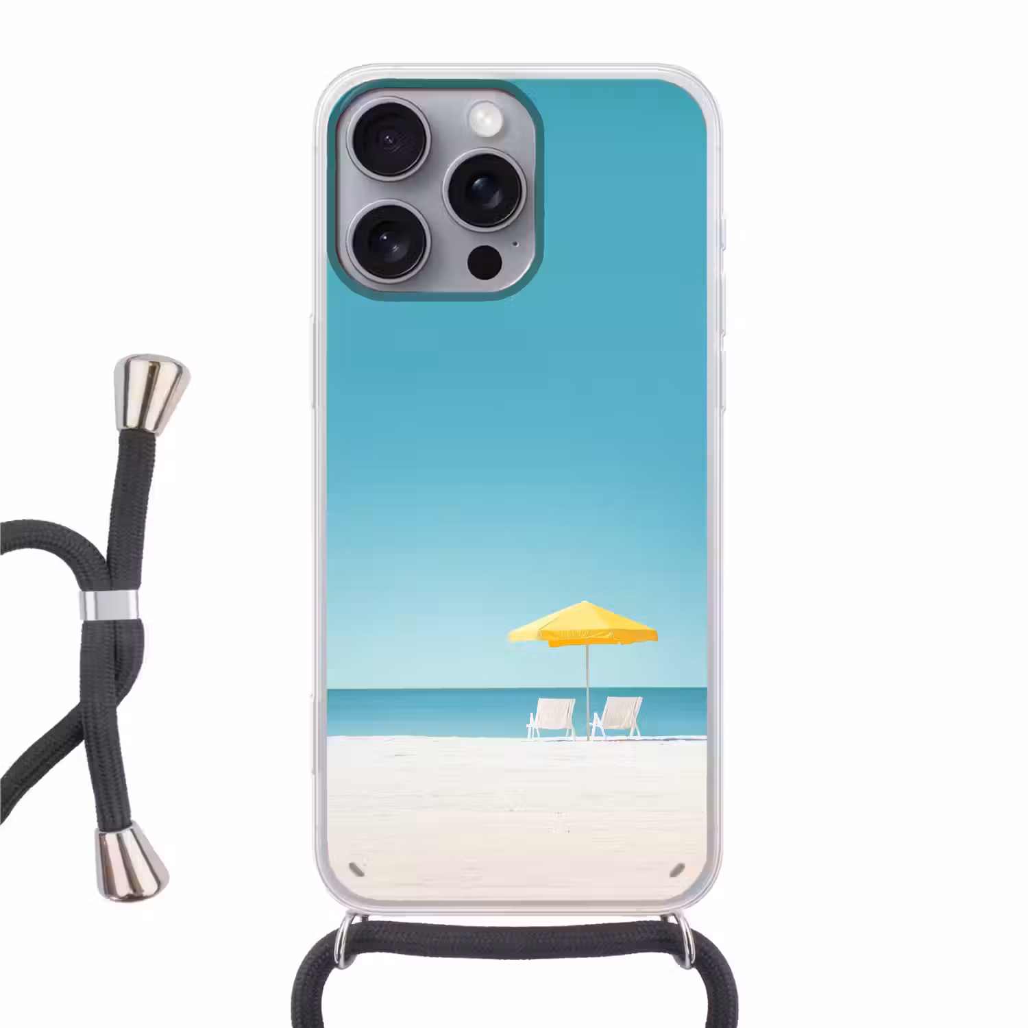 Strand - Blauwe lucht - Geel - Parasol Hoesje iPhone 16 Pro Max met koord klein -3d