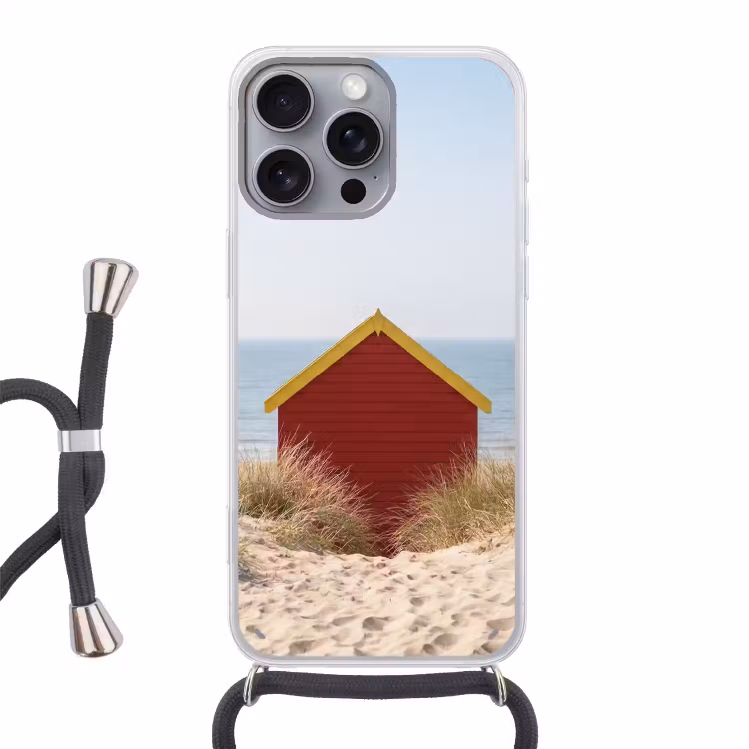 Strand - Huisjes - Kleurrijk - Duinen Hoesje iPhone 16 Pro Max met koord klein -3d