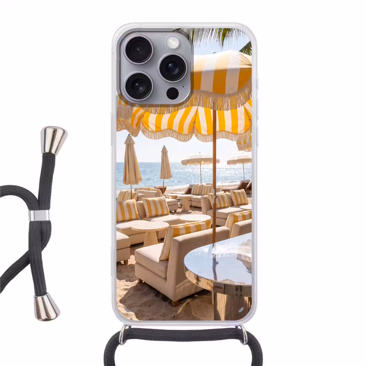 Strand - Ligbedden - Vakantie - Modern - Geel Hoesje iPhone 16 Pro Max met koord klein -3d