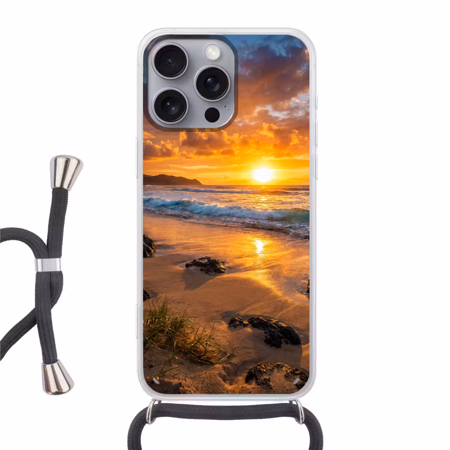 Strand - Zonsondergang - Golven - Natuur - Oranje Hoesje iPhone 16 Pro Max met koord klein -3d