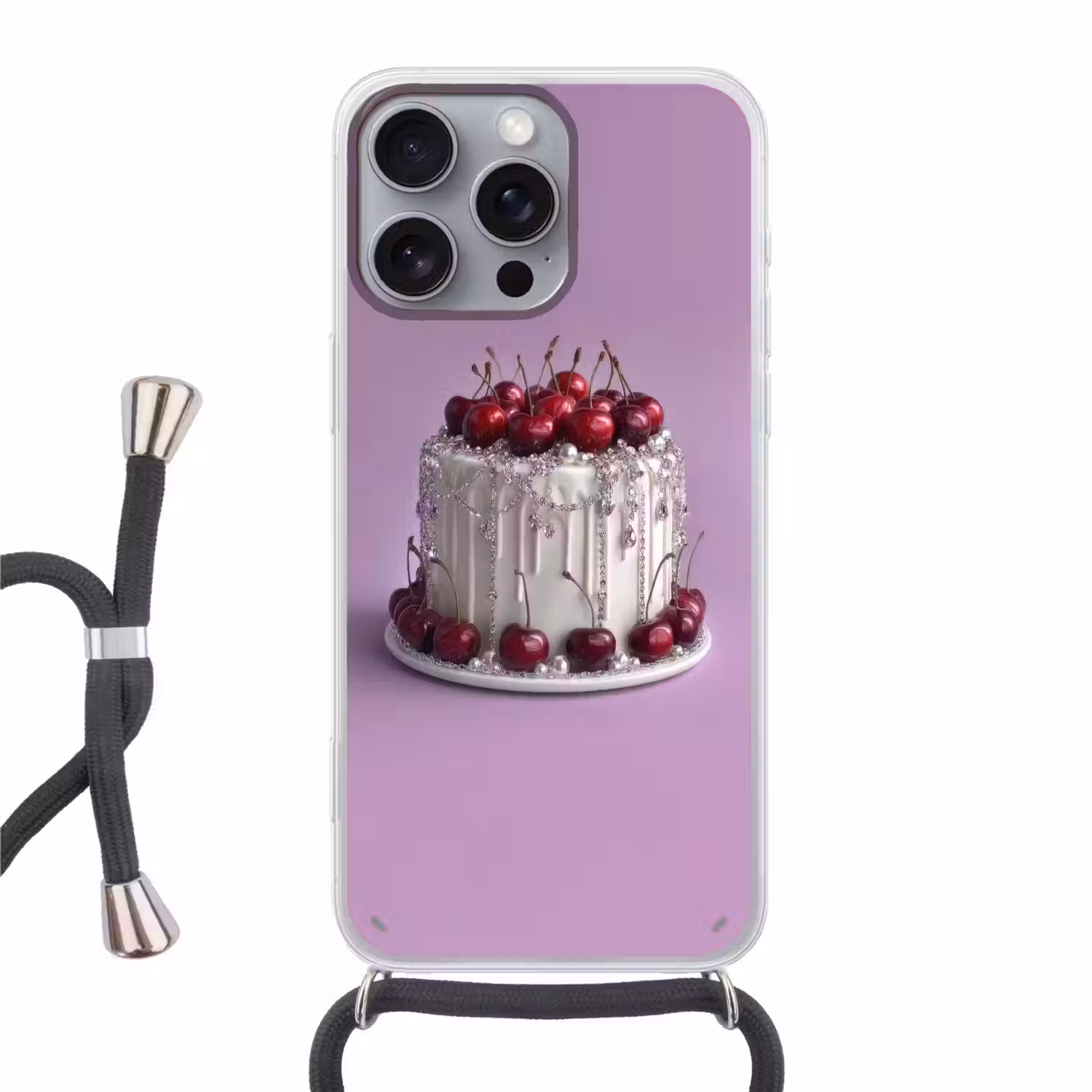 Taart - Kersen - Juwelen - Rood Hoesje iPhone 16 Pro Max met koord klein -3d