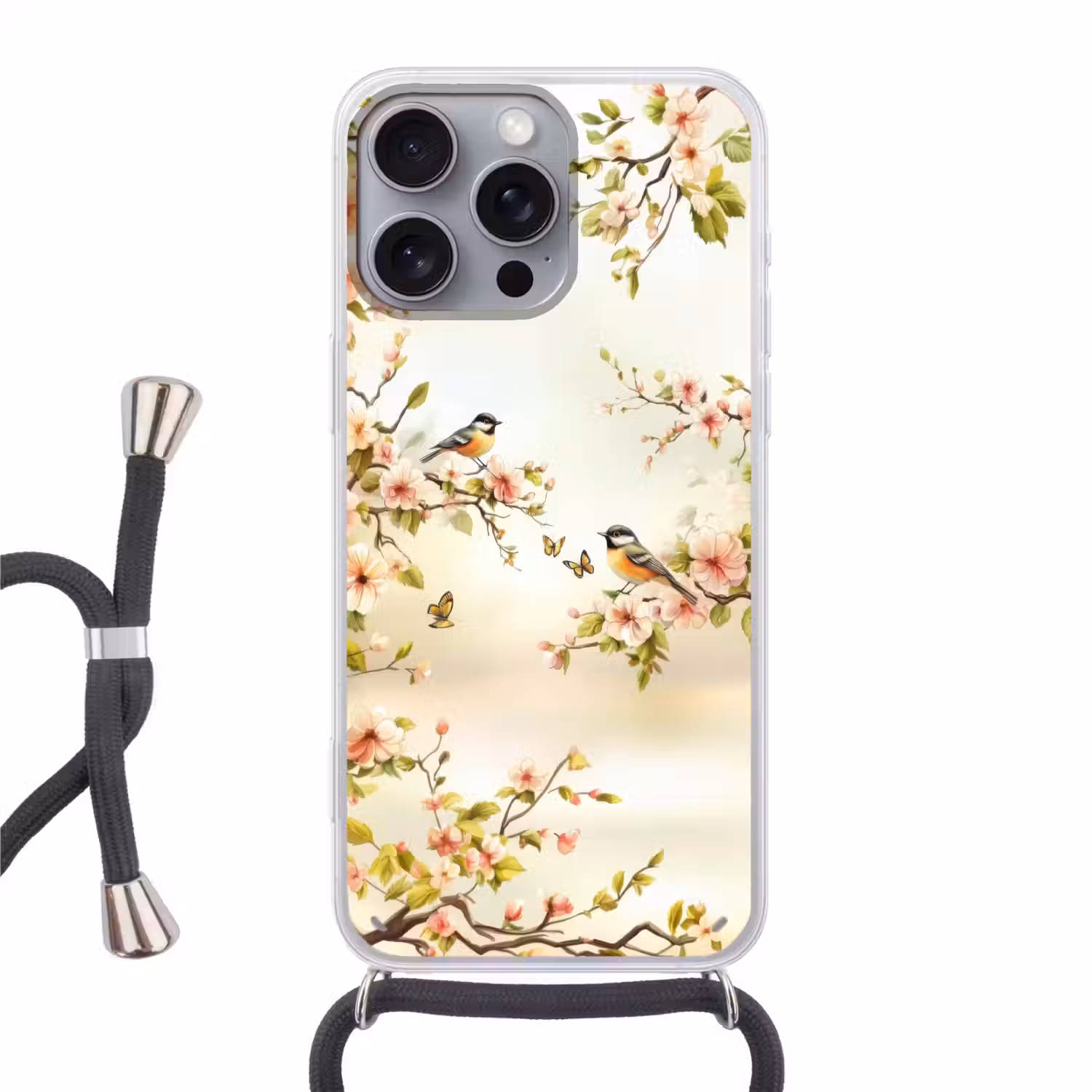 Takken - Bloemen - Vogeltjes - Roze Hoesje iPhone 16 Pro Max met koord klein -3d