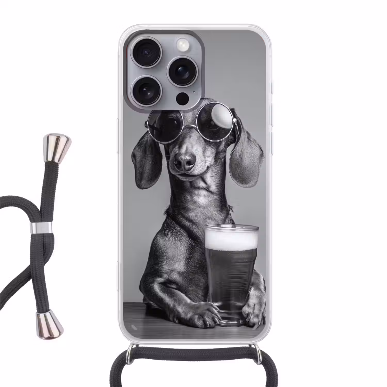 Teckel - Bier - Glas - Bril Hoesje iPhone 16 Pro Max met koord klein -3d