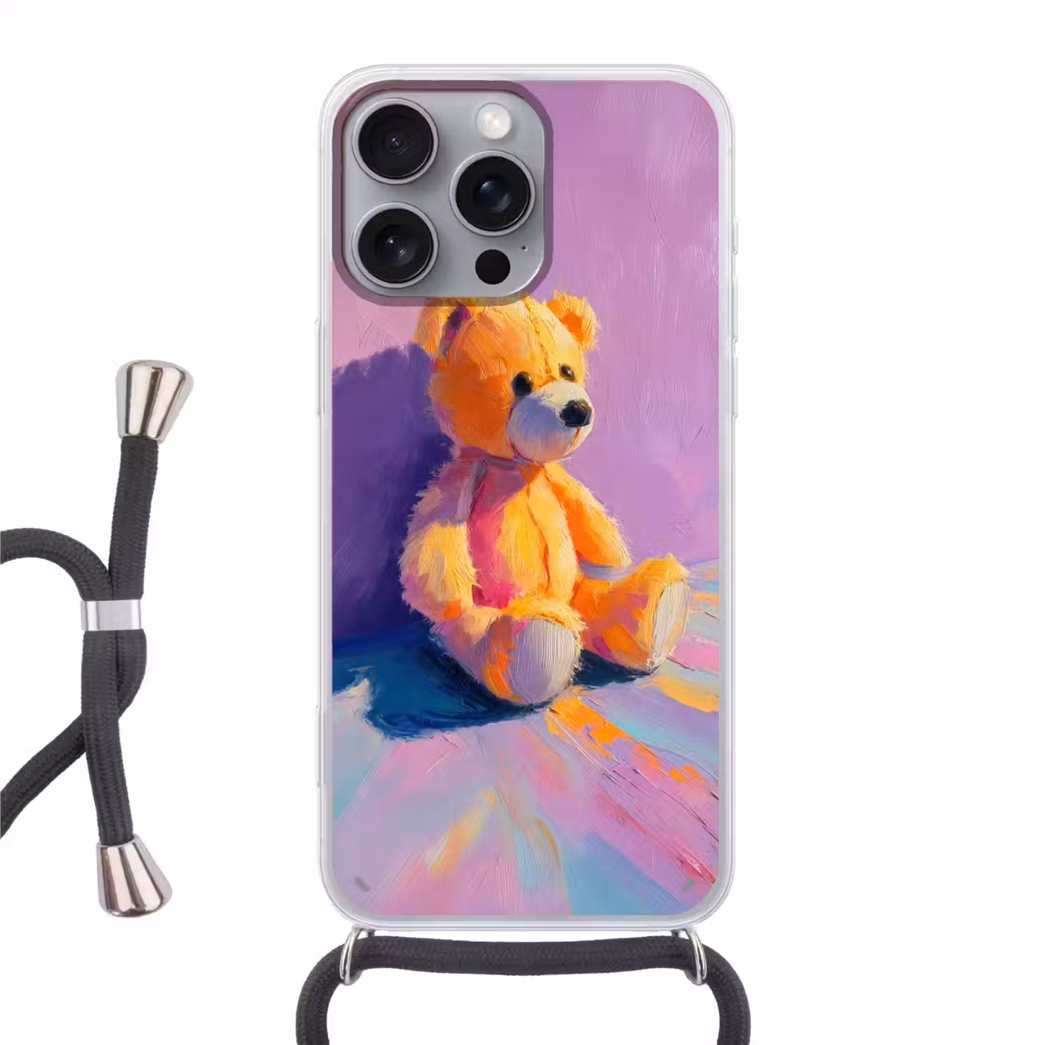 Teddybeer - Schaduw - Penseelstreken - Paars Hoesje iPhone 16 Pro Max met koord klein -3d