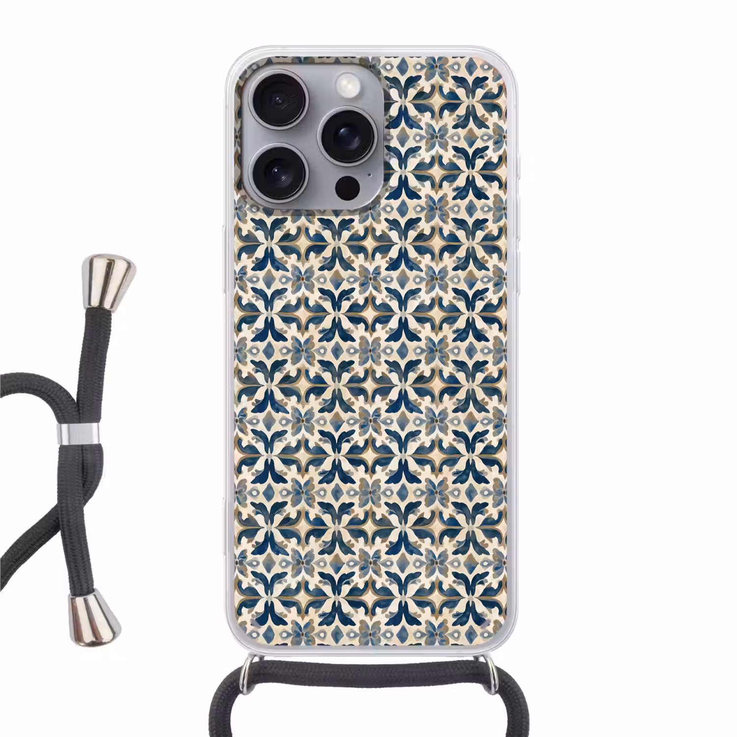 Tegel - Patroon - Blauw - Beige Hoesje iPhone 16 Pro Max met koord klein 804 -3d