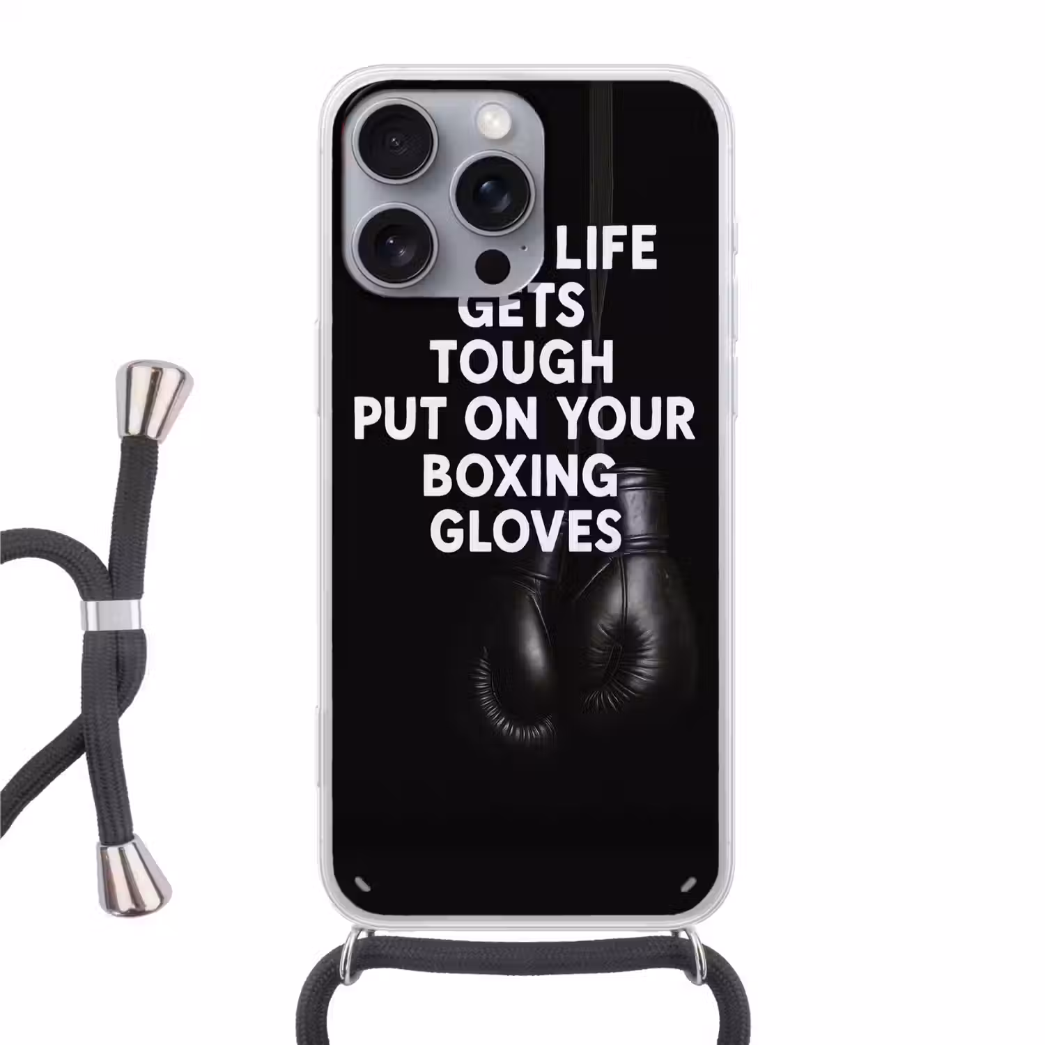 Tekst - Bokshandschoenen - Wit Hoesje iPhone 16 Pro Max met koord klein -3d