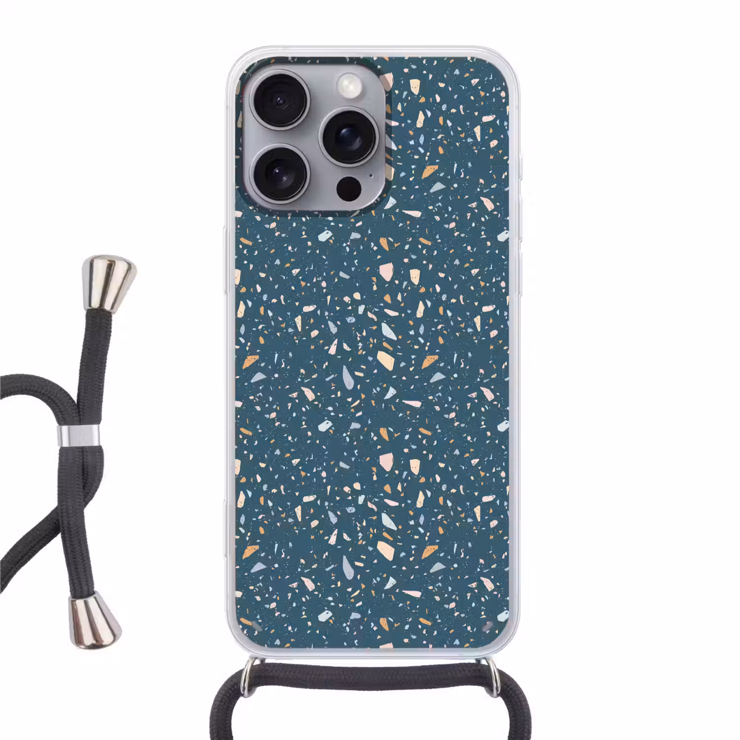 Terrazzo - Patroon - Kleurrijk - Diep blauw Hoesje iPhone 16 Pro Max met koord klein 804 -3d