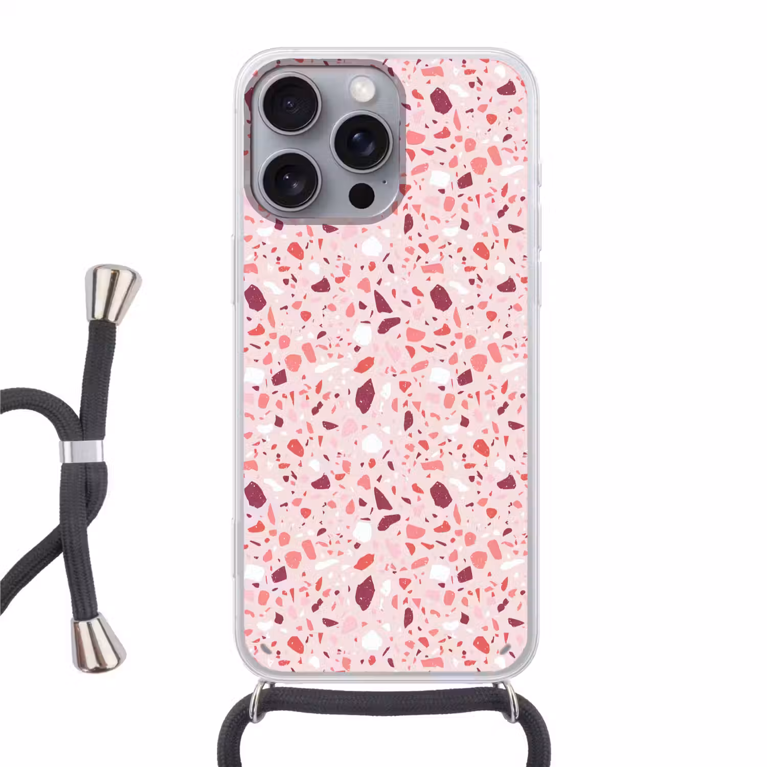 Terrazzo - Patroon - Roze Hoesje iPhone 16 Pro Max met koord klein 804 -3d