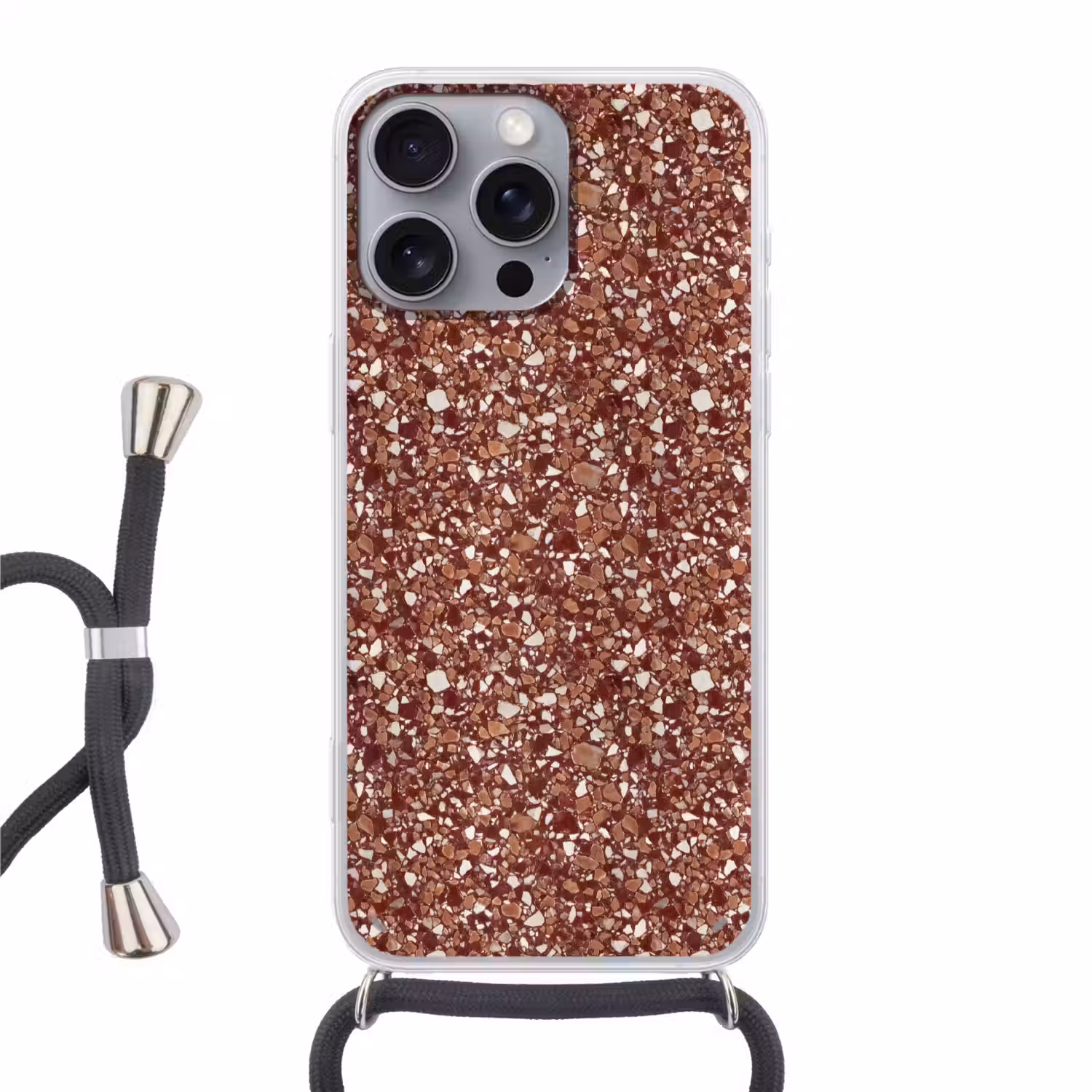 Terrazzo - Patroon - Steentextuur - Roodbruin Hoesje iPhone 16 Pro Max met koord klein 804 -3d