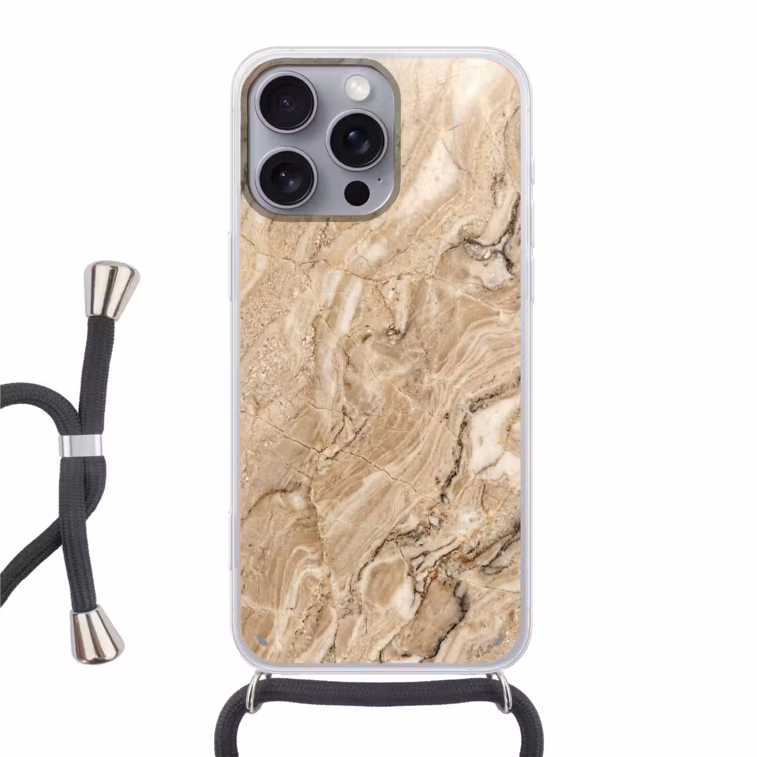 Textuur - Aders - Abstract - Modern - Beige Hoesje iPhone 16 Pro Max met koord klein -3d