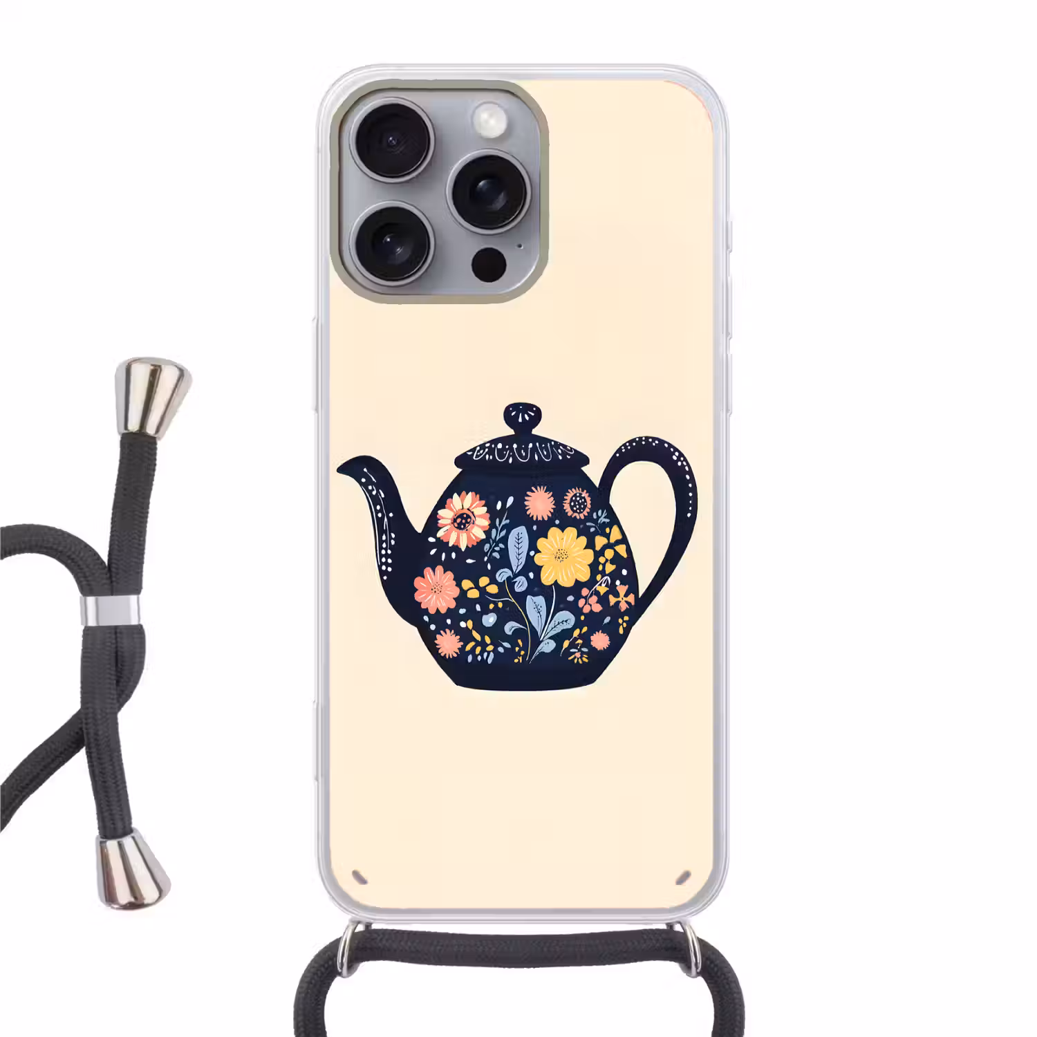 Theepot - Kleurrijk - Bloemen Hoesje iPhone 16 Pro Max met koord klein -3d