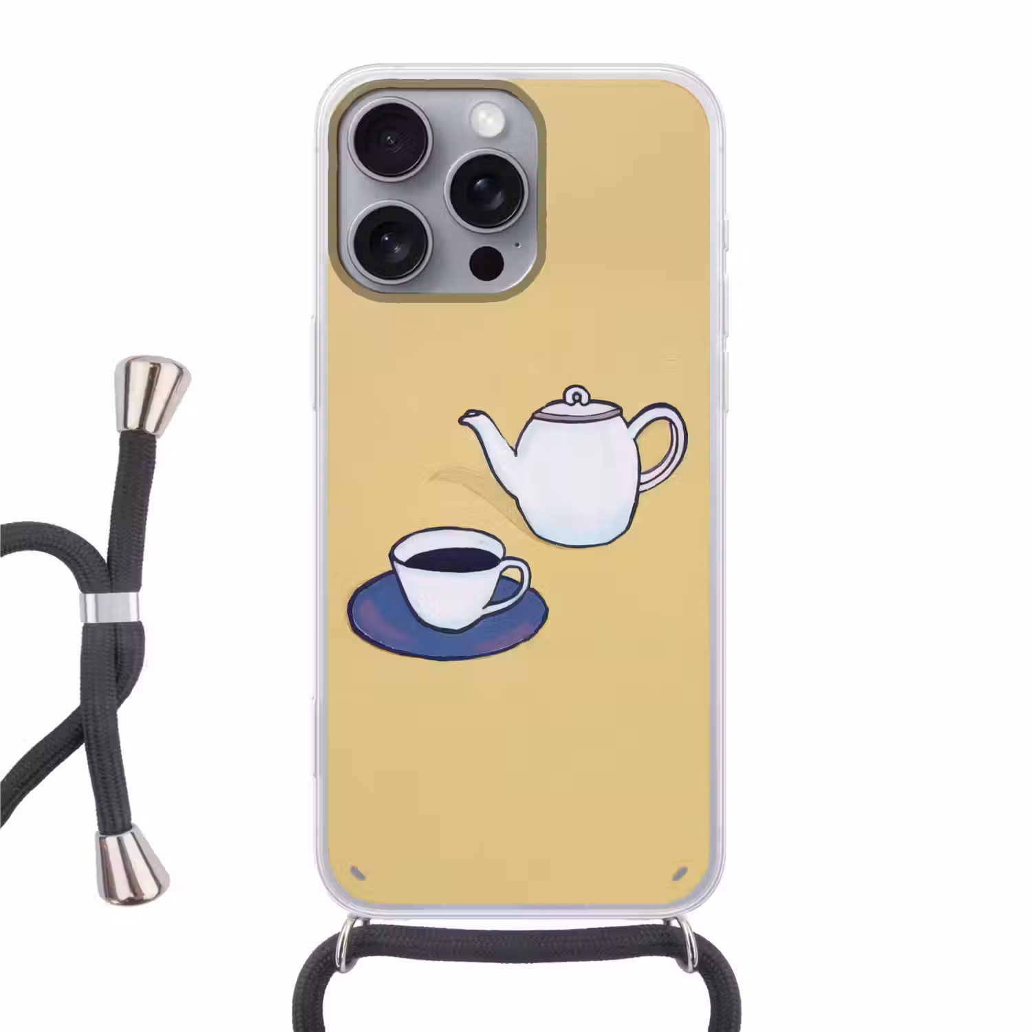 Theepot - Kopje - Beige - Illustratie Hoesje iPhone 16 Pro Max met koord klein -3d