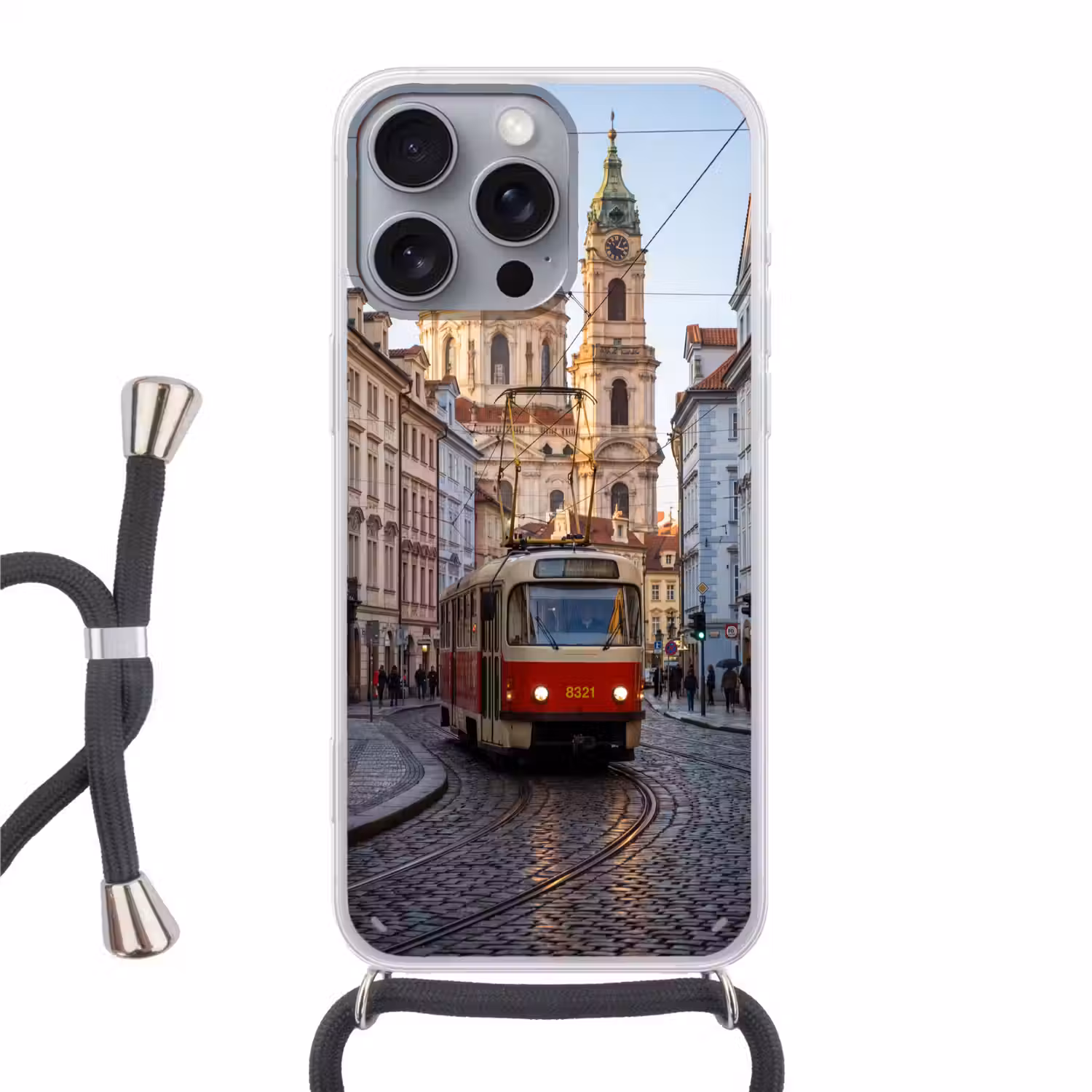 Tram - Straat - Stadsgezicht - Klassiek - Rood Hoesje iPhone 16 Pro Max met koord klein -3d
