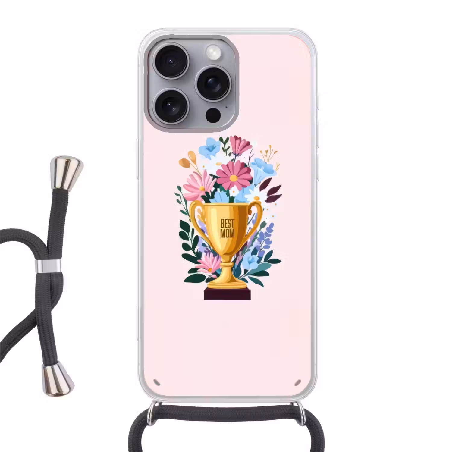 Trofee - Best Mom - Bloemen - Kleurrijk Hoesje iPhone 16 Pro Max met koord klein -3d