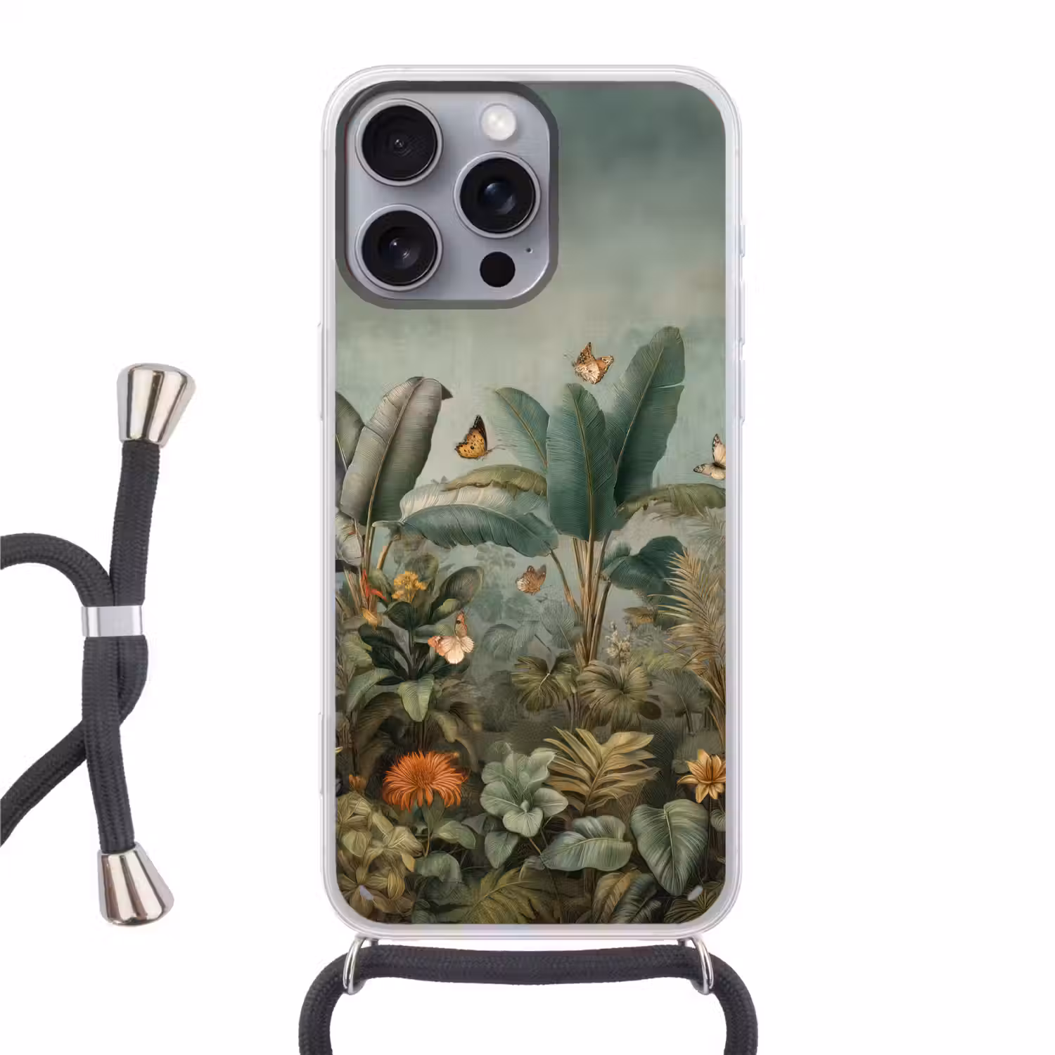 Tropisch bladerdek - Vlinders - groen - Bruin Hoesje iPhone 16 Pro Max met koord klein -3d