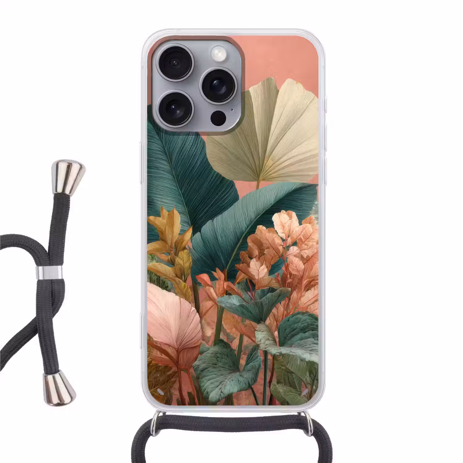 Tropische bladeren - Bloemen - Roze - groen Hoesje iPhone 16 Pro Max met koord klein -3d