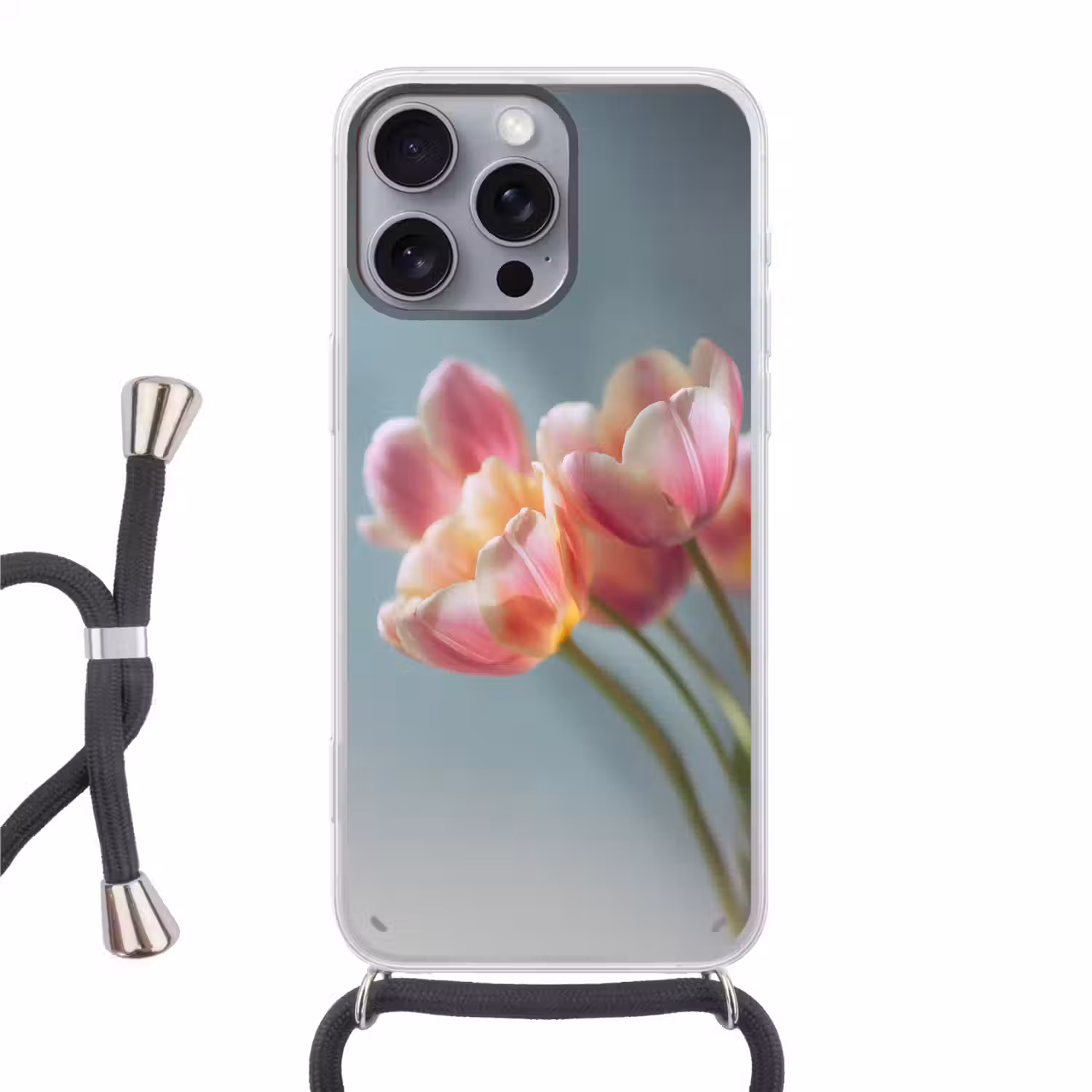 Tulpen - Roze - Stelen Hoesje iPhone 16 Pro Max met koord klein -3d