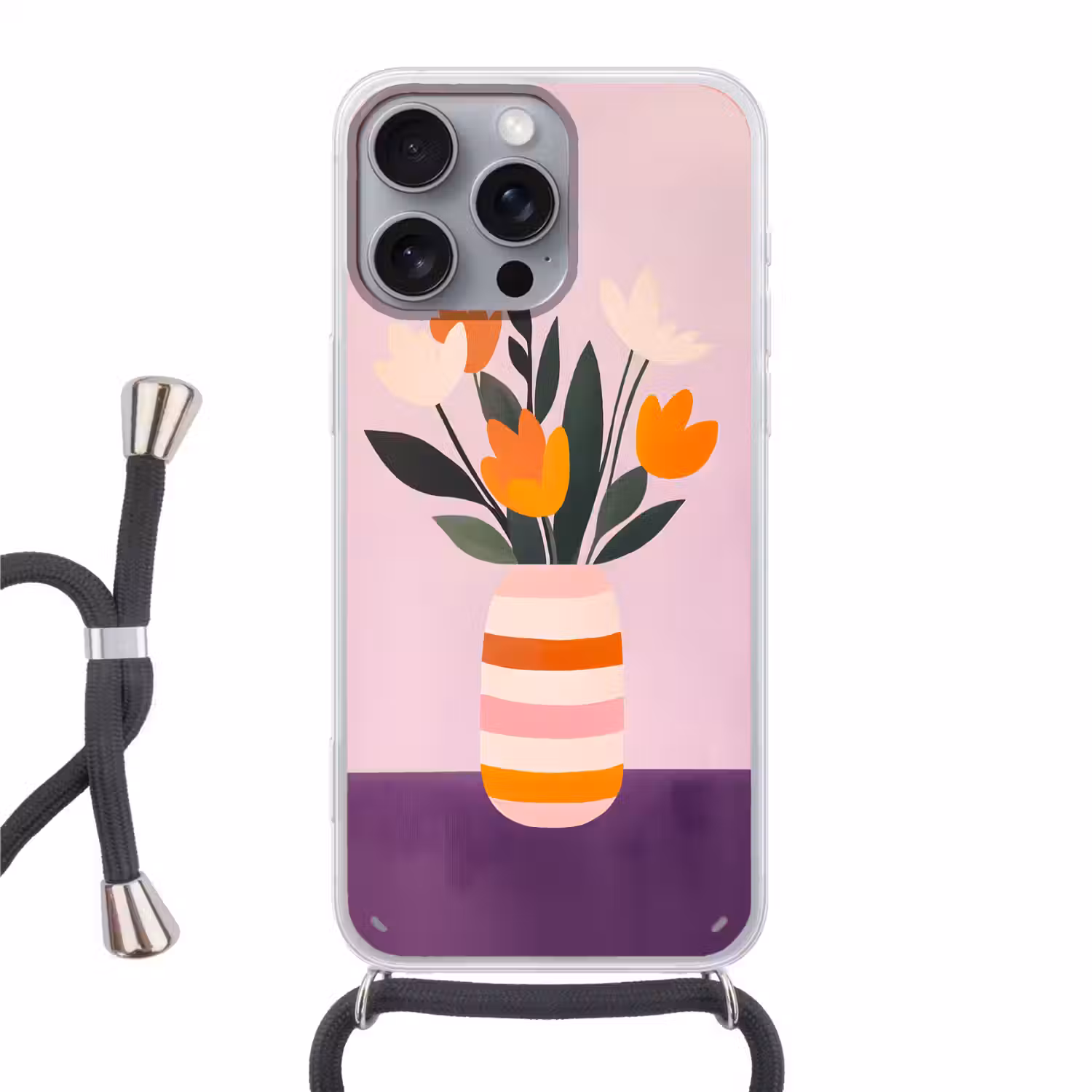 Tulpen - Vaas - Strepen - Paars Hoesje iPhone 16 Pro Max met koord klein -3d