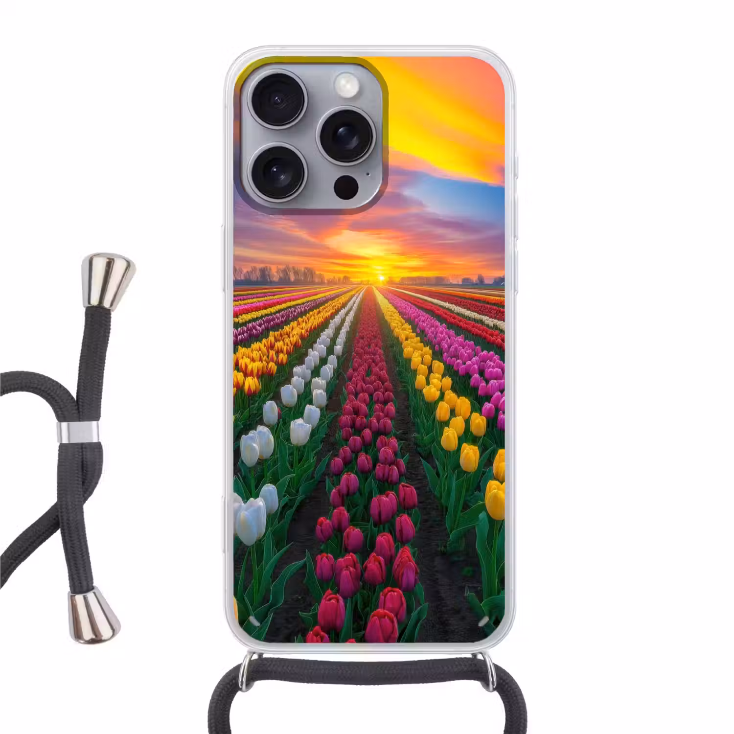 Tulpenveld - Zonsondergang - Kleurrijk Hoesje iPhone 16 Pro Max met koord klein -3d