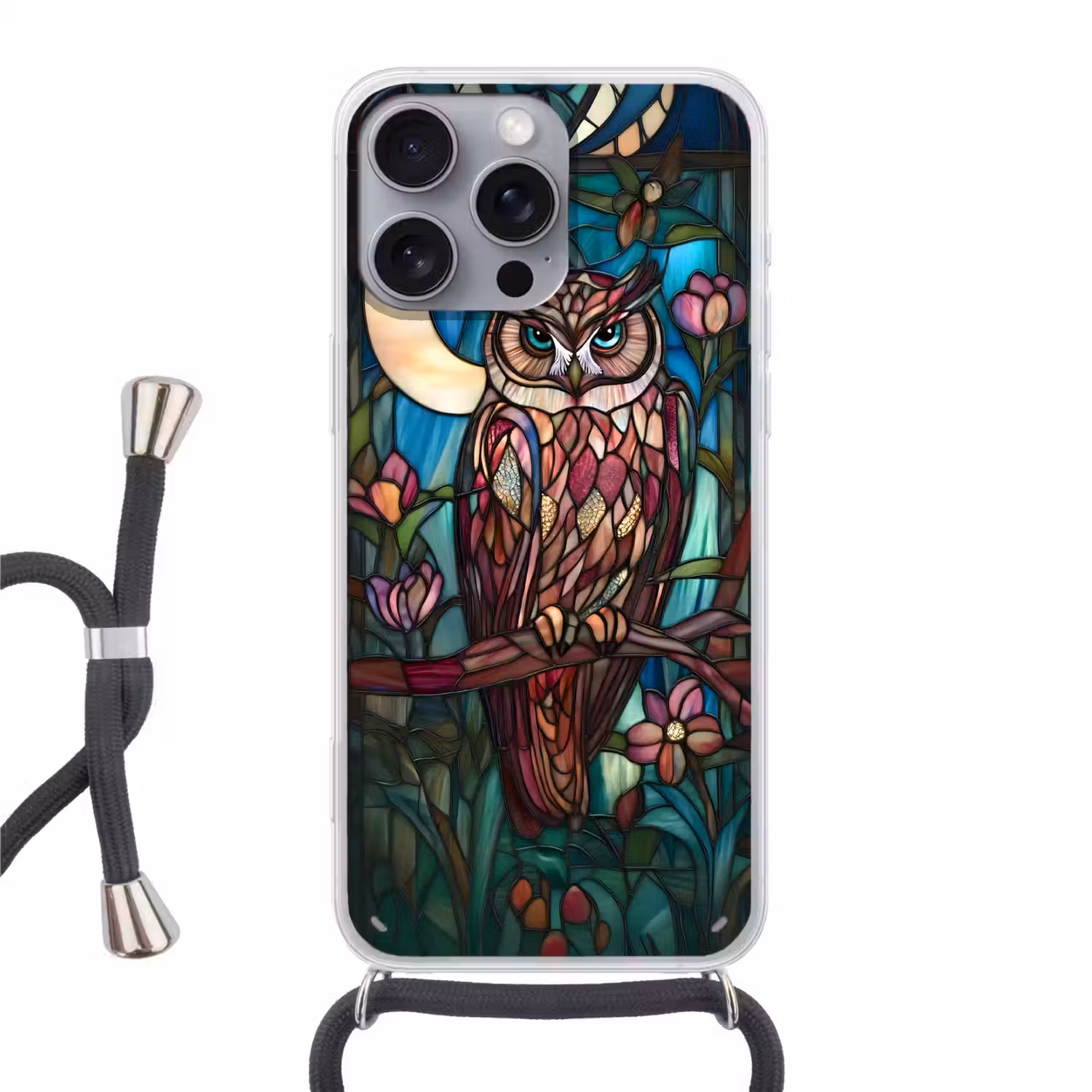 Uil - Mozaïek - Maan - Nacht Hoesje iPhone 16 Pro Max met koord klein -3d