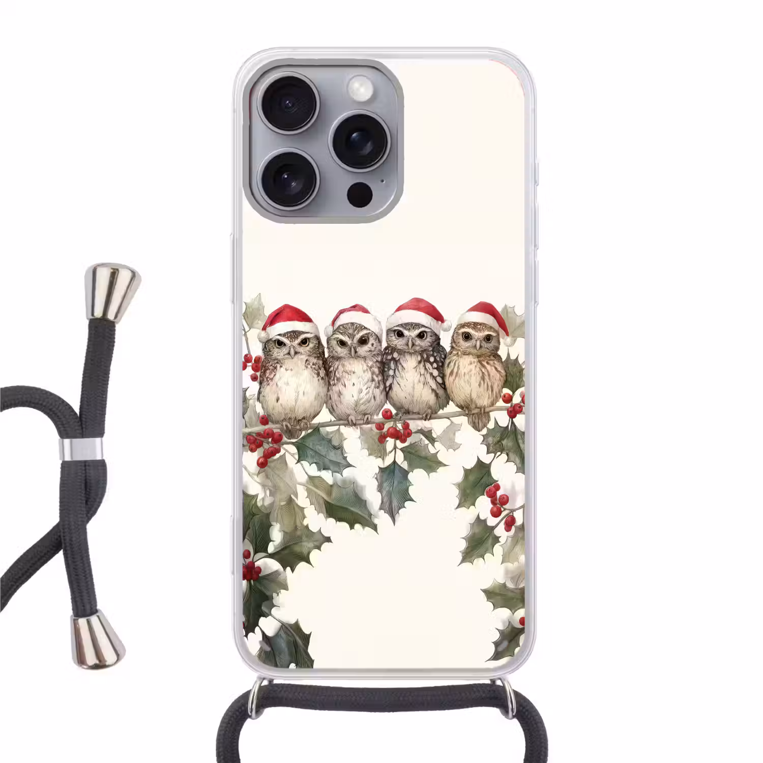 Uilen - Tak - Hulstblaadjes - Kerstmuts Hoesje iPhone 16 Pro Max met koord klein -3d