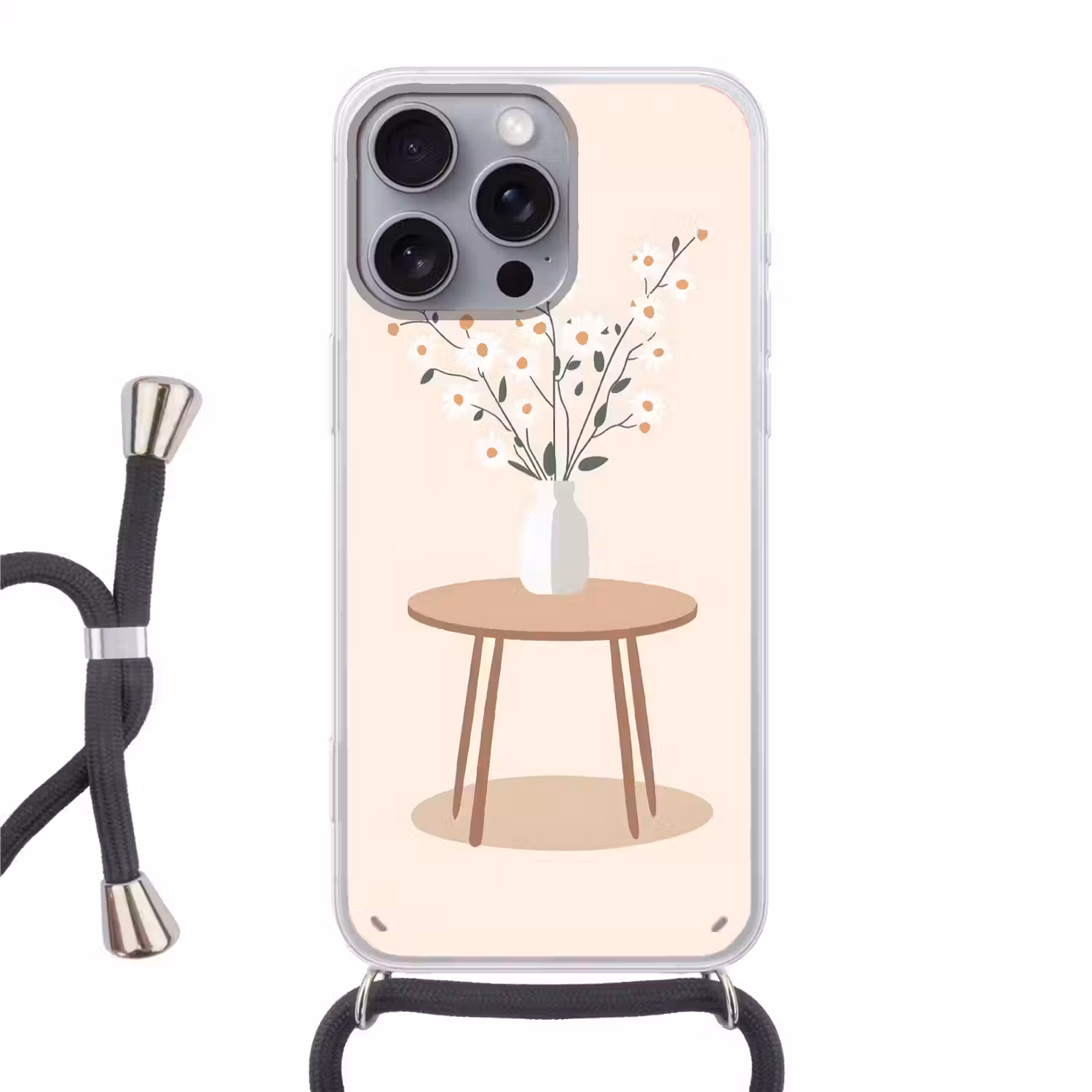 Vaas - Bloemen - Madeliefjes - Beige Hoesje iPhone 16 Pro Max met koord klein -3d